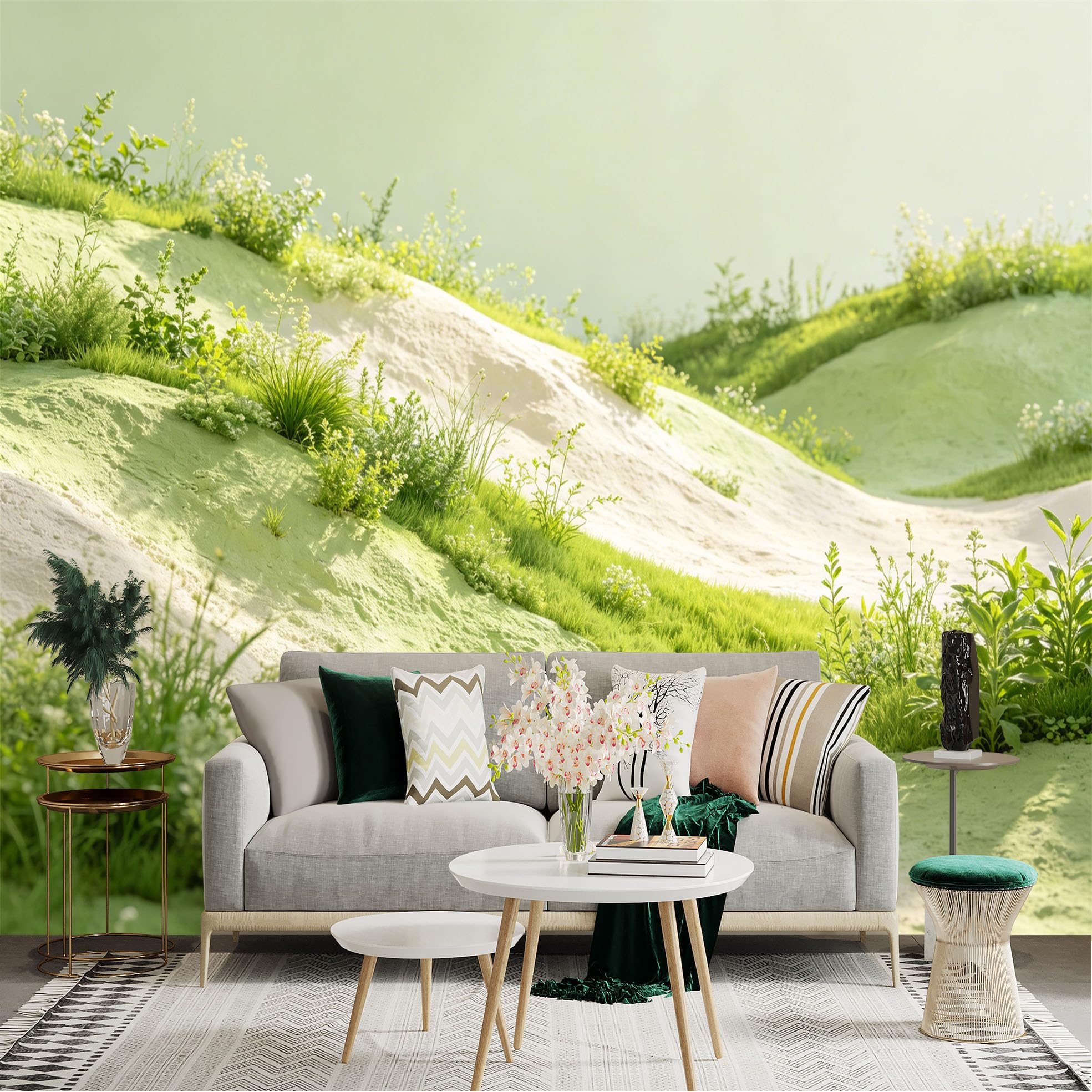 Lnzczhyre Dbh260521219 Custom Size Wall Sticker Mural， Soft Green Rolling Hills， Serene Meadow Landscape， Lush Nature Scenery， Peaceful Spring Valley， For Wall Decoration， Peelandstick Wall Decals.