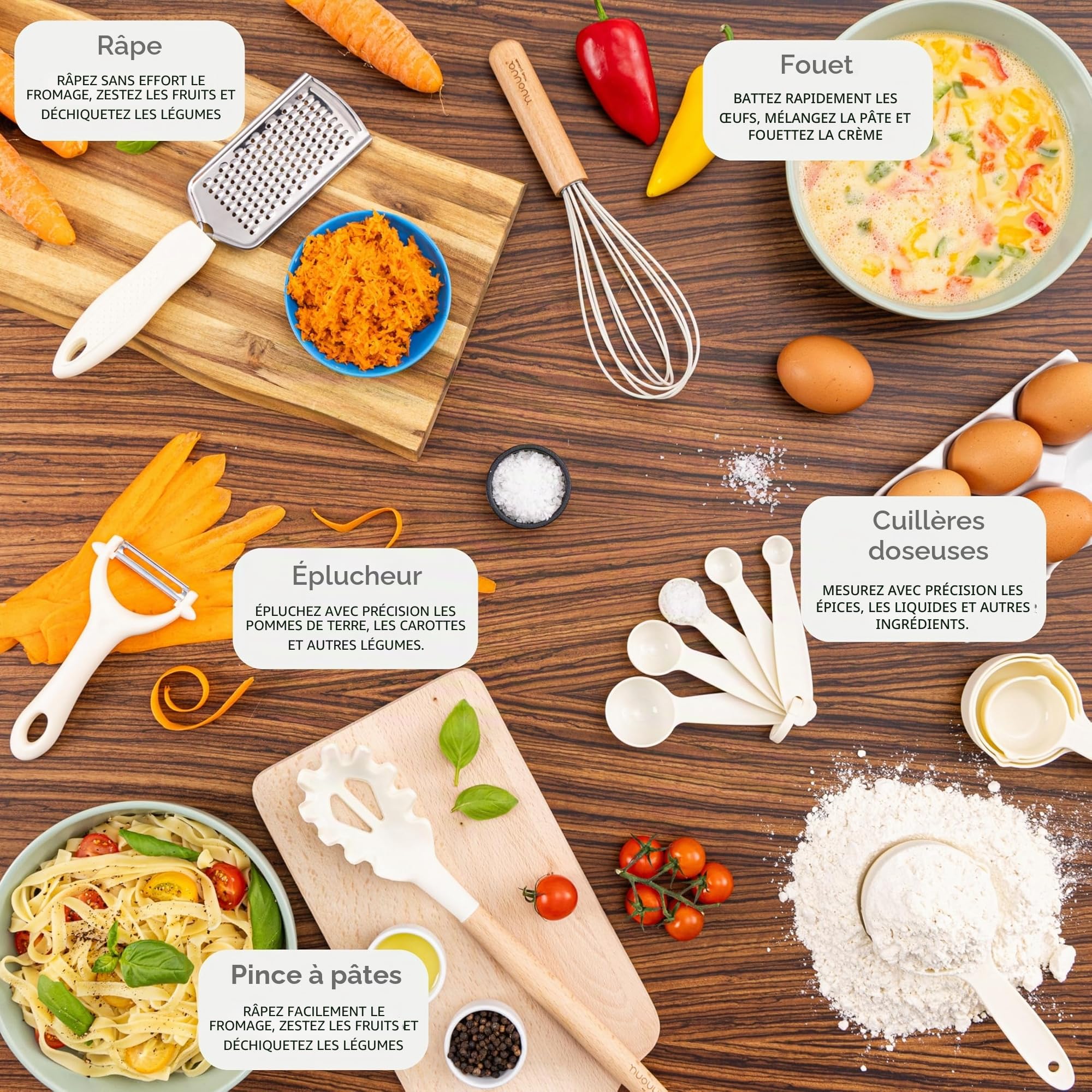 Ustensiles de cuisine antiadhésifs - Ustensiles en silicone résistants à la chaleur avec manche en bois - Ensemble de louches, cuillères et spatules - Outils et accessoires de - 35 pièces, Crème