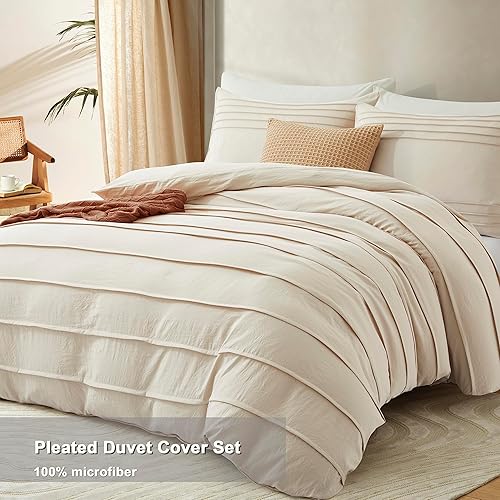 Miniatura 2 de Oli Anderson Funda de edredón color caqui claro tamaño Queen - Funda de edredón plisada tamaño Queen, juego de ropa de cama texturizada suave y