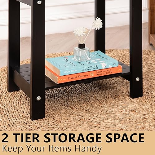 Miniatura 6 de Black Adirondack - Mesa auxiliar para exteriores de madera de acacia resistente a la intemperie con doble almacenamiento, mesa de porche pequeña