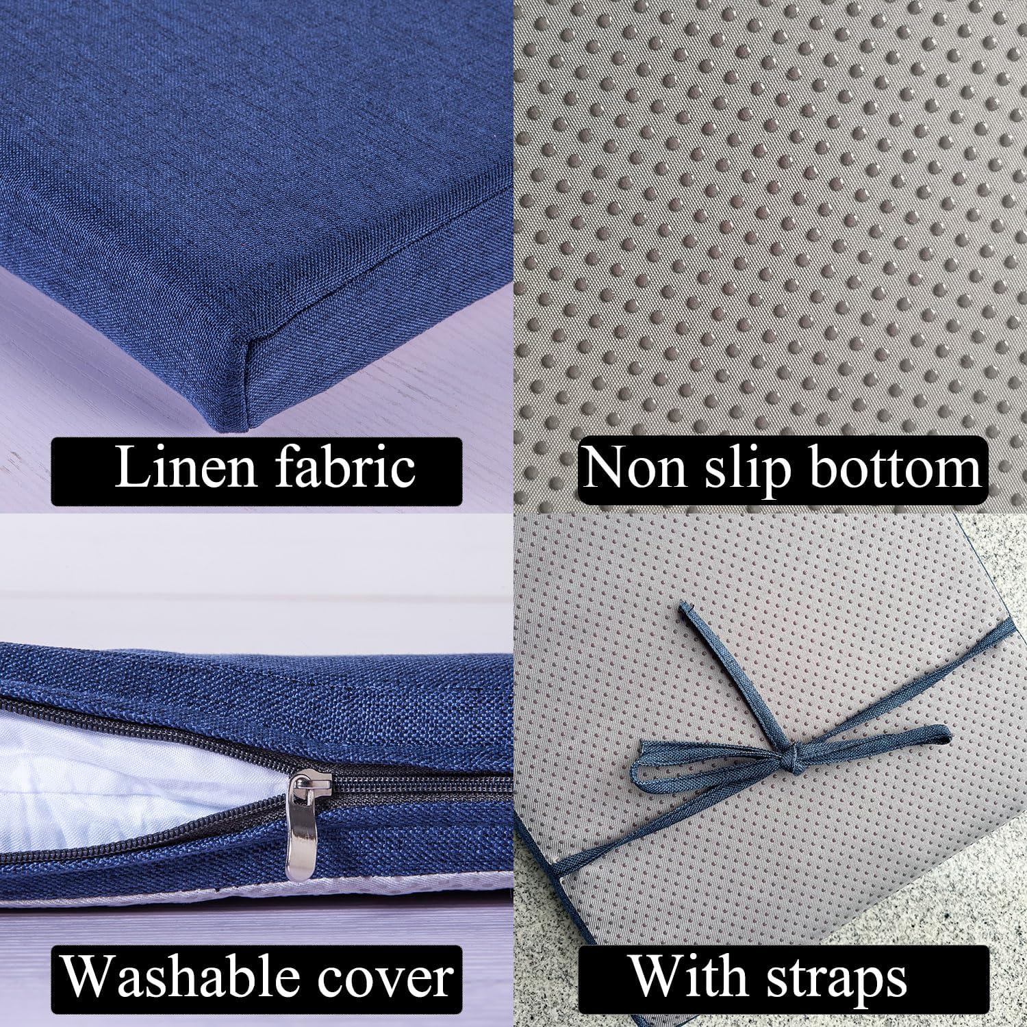 Saula Piano Bench cushons for Indoor Furniture with Ties Non Slip Kitchen Dining Room Bench seat Cushion for Show Storage, Window, Settee, Ottoman (Navy Blue, 48 x 12 Inch)