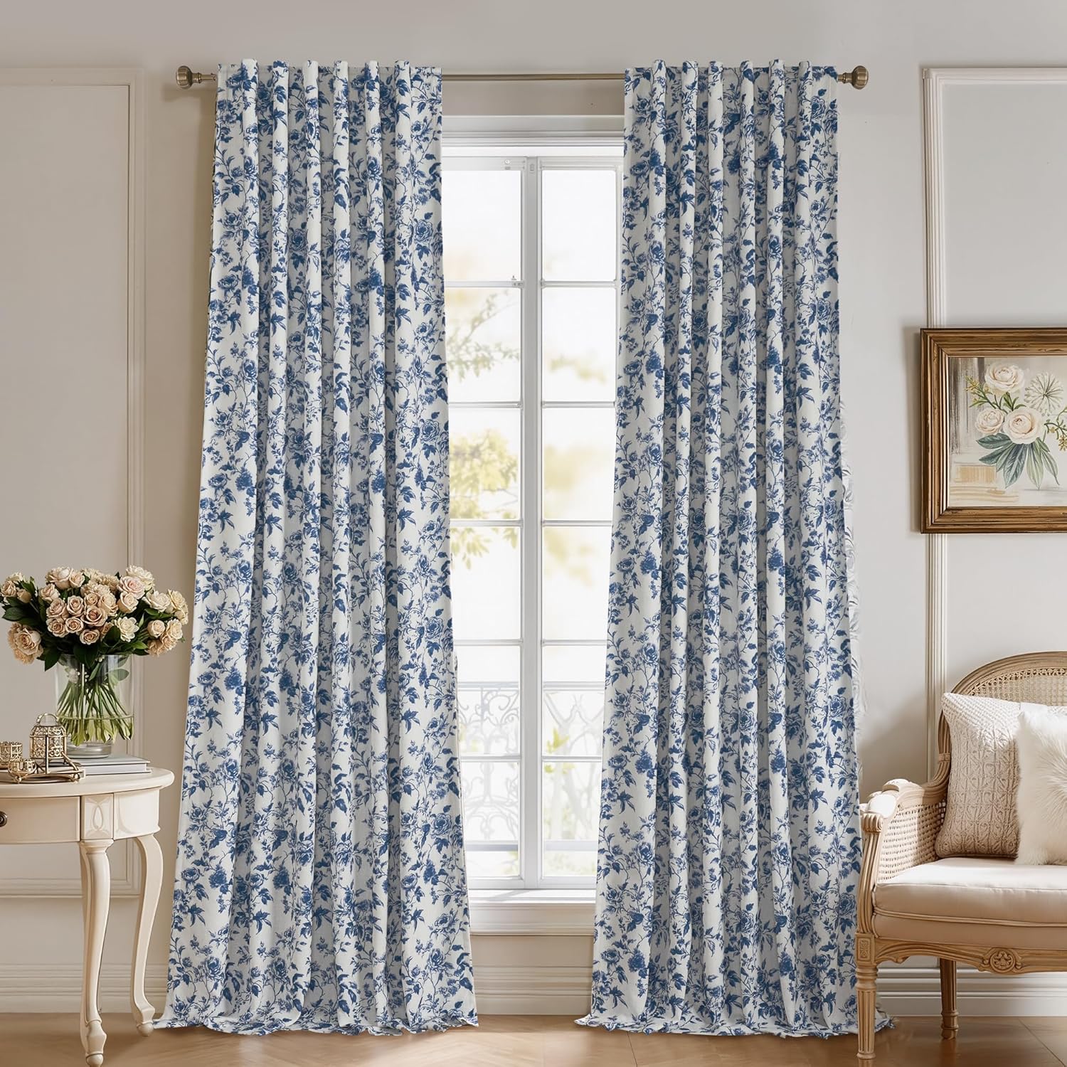 StangH Full Blackout Floral Curtains for Living Room，Temperature Control Privacy Drapes Boho Farmhouse Window Treatment for Sliding Door，W52 x L96，Blue，2 Panels