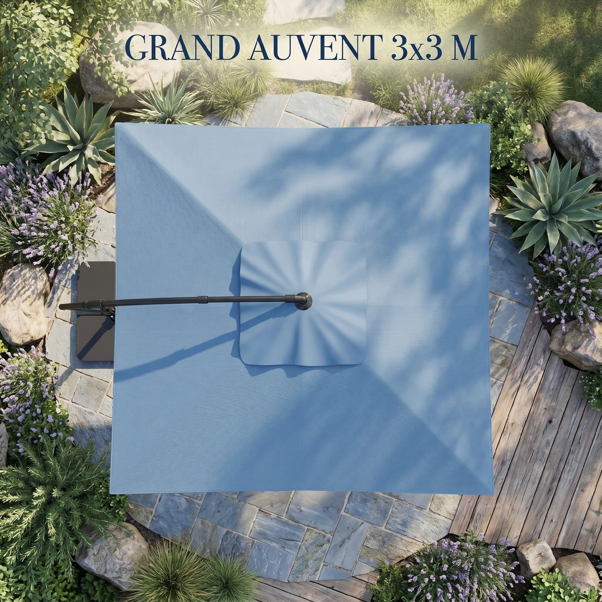 Outsunny Parasol déporté carré 3 x 3 m, parasol de jardin extérieur avec manivelle, base croisée, inclinable et rotation à 360°, toile polyester 180 g/m², protection UV UPF50+