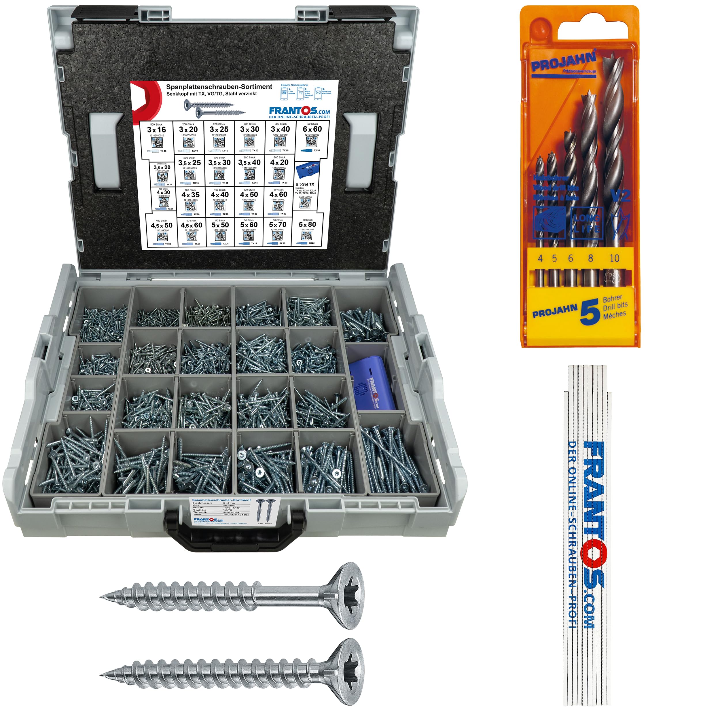FRANTOS Holzschrauben Sortiment 3156-tlg (Stahl verzinkt) in L-BOXX + PROJAHN Holzbohrer Set 5-tlg + Felo TX Bit Set + Meterstab - Torx Spanplattenschrauben Senkkopf Universalschrauben