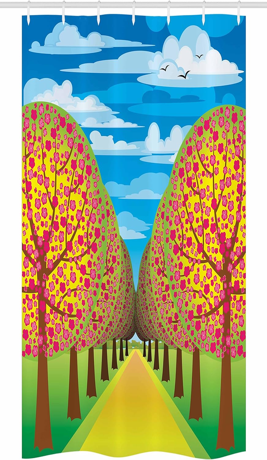Ambesonne Tree of Life Stall Shower Curtain, Illustration Flowering Cherry Trees Clear Sky and Flying Birds Eco Theme, Fabric Bathroom Decor Set with Hooks, 36" W x 72" L, Multicolor