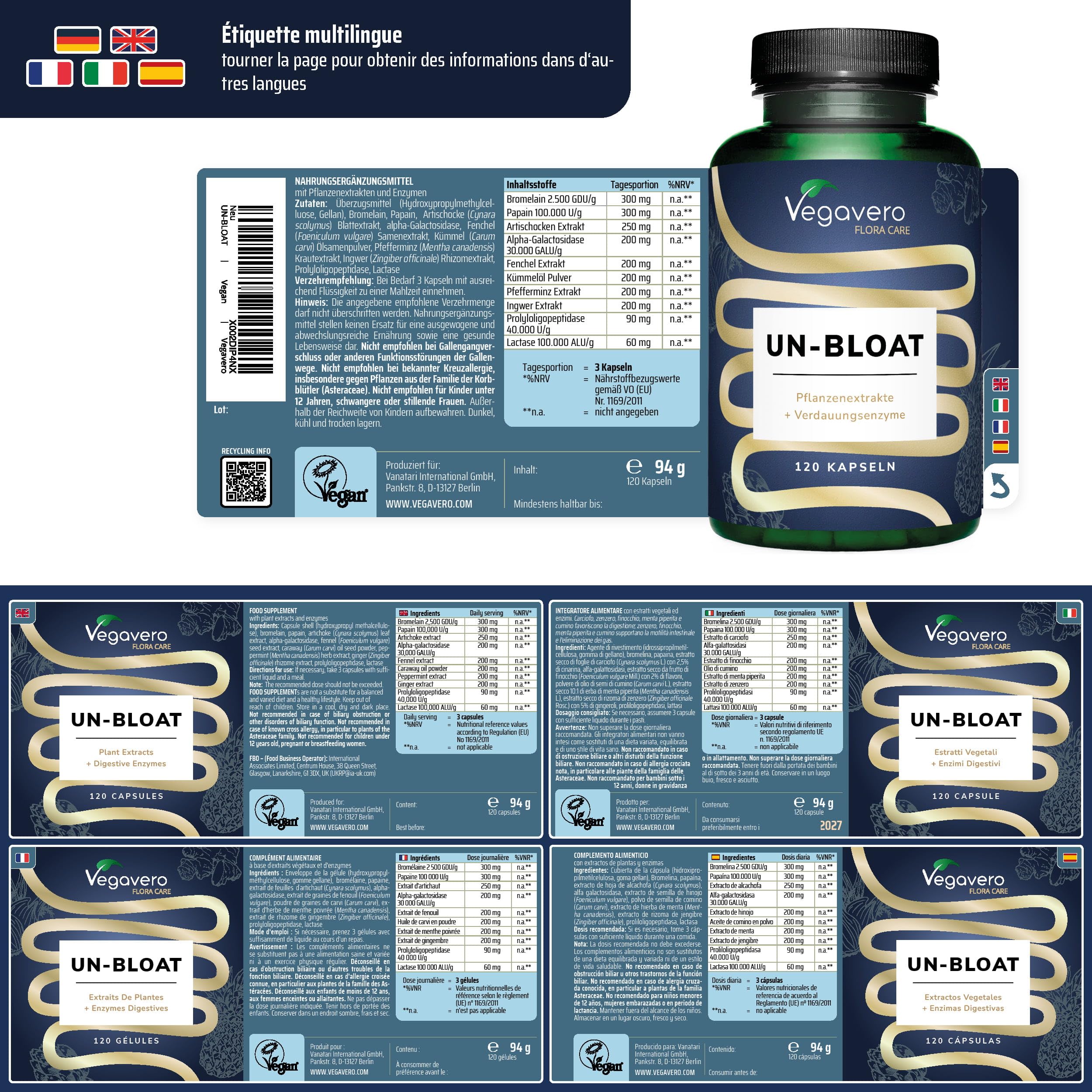Un-Bloat Vegavero® | Complexe Anti Ballonnements + Digestion | Avec Enzymes Digestives + Extraits de Plantes | Sans Additifs & Vegan