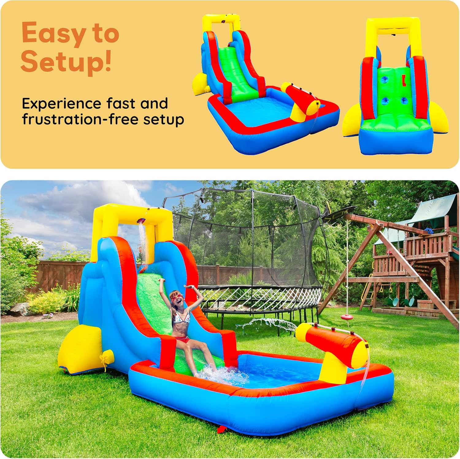 PicassoTiles KC108 Kids Inflatable Slide Park with Pool Splash Zone, Bouncing House, Climbing Wall, Built-in Sprayers, Cannon Mount, and Heavy Duty GFCI ETL Certified 385W Blower Outdoor Summer Fun