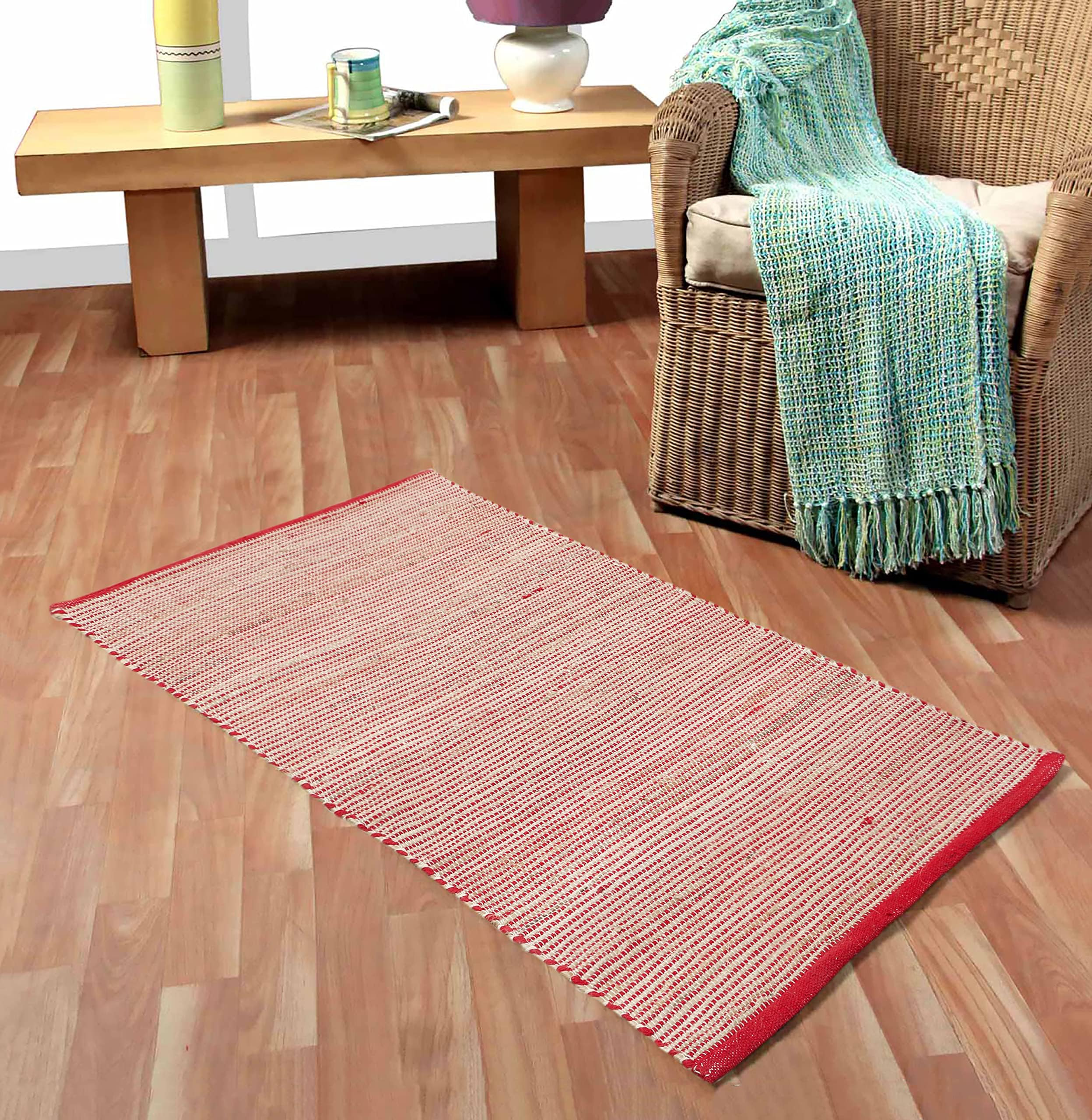 THE HOME TALK Handmade Cotton Carpets | Tribal Contemporary Decorators | Area Rugs for Bedroom, Center Table, Living Room, Drawing Room, Hall | Machine Wash (Red, 70x140 CM), Rectangular