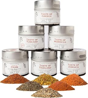 Gustus Vitae Gourmet World Flavors Seasoning Collection: 6 Non-GMO Magnetic Spice Blends from Thailand, Jamaica, Morocco, Tuscany, Cajun & Greece