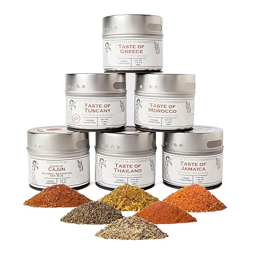 Gourmet World Flavors Seasoning Collection | Non GMO Verified | 6 Magnetic Tins | Spice Blends | Crafted in Small Batches by Gustus Vitae | #68