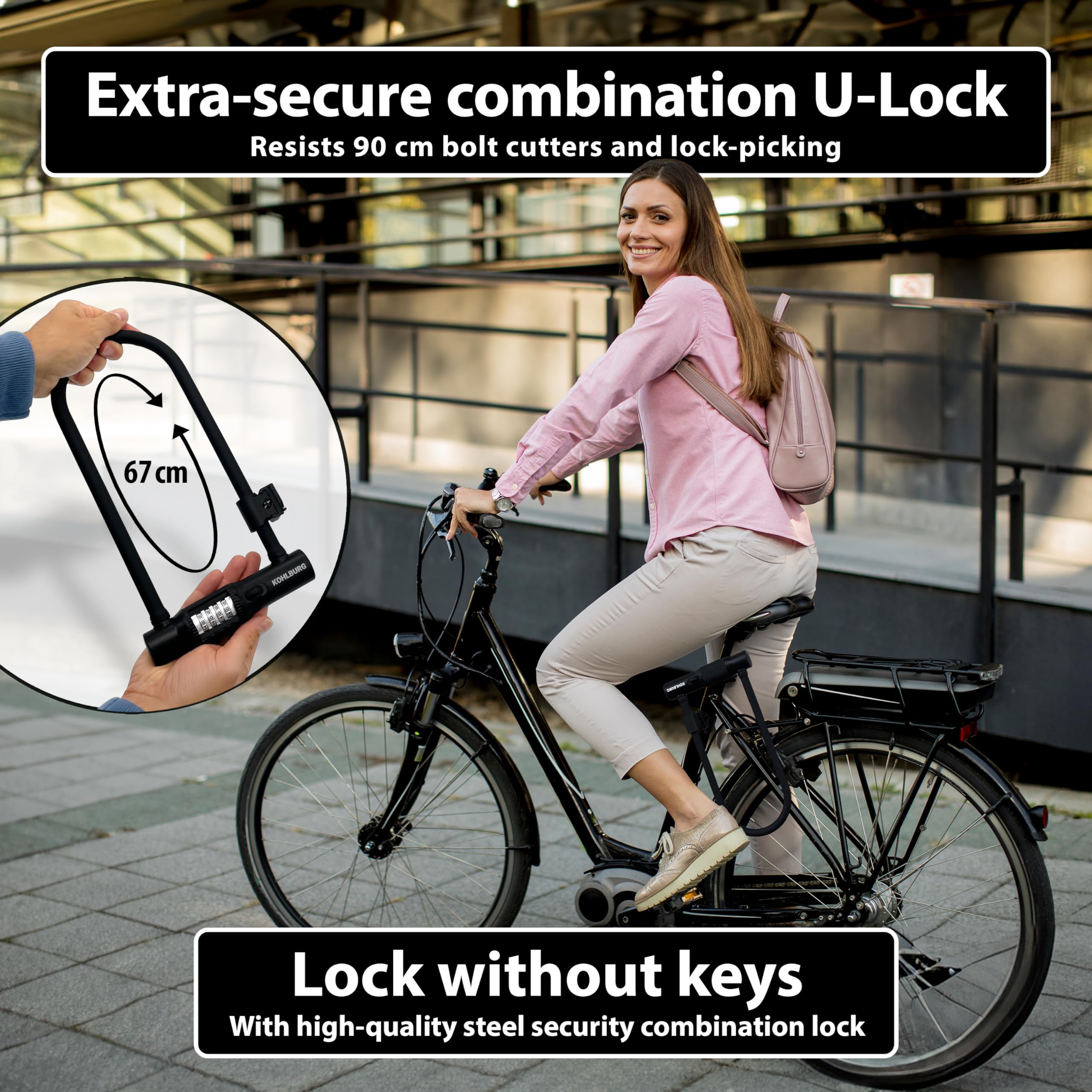 KOHLBURG U-Locki zamek szyfrowy 12 mm | Roweru elektrycznego, rdzeniem stalowym, stalowymi cyframi, z kodem i uchwytem, wysokiego bezpieczeństwa
