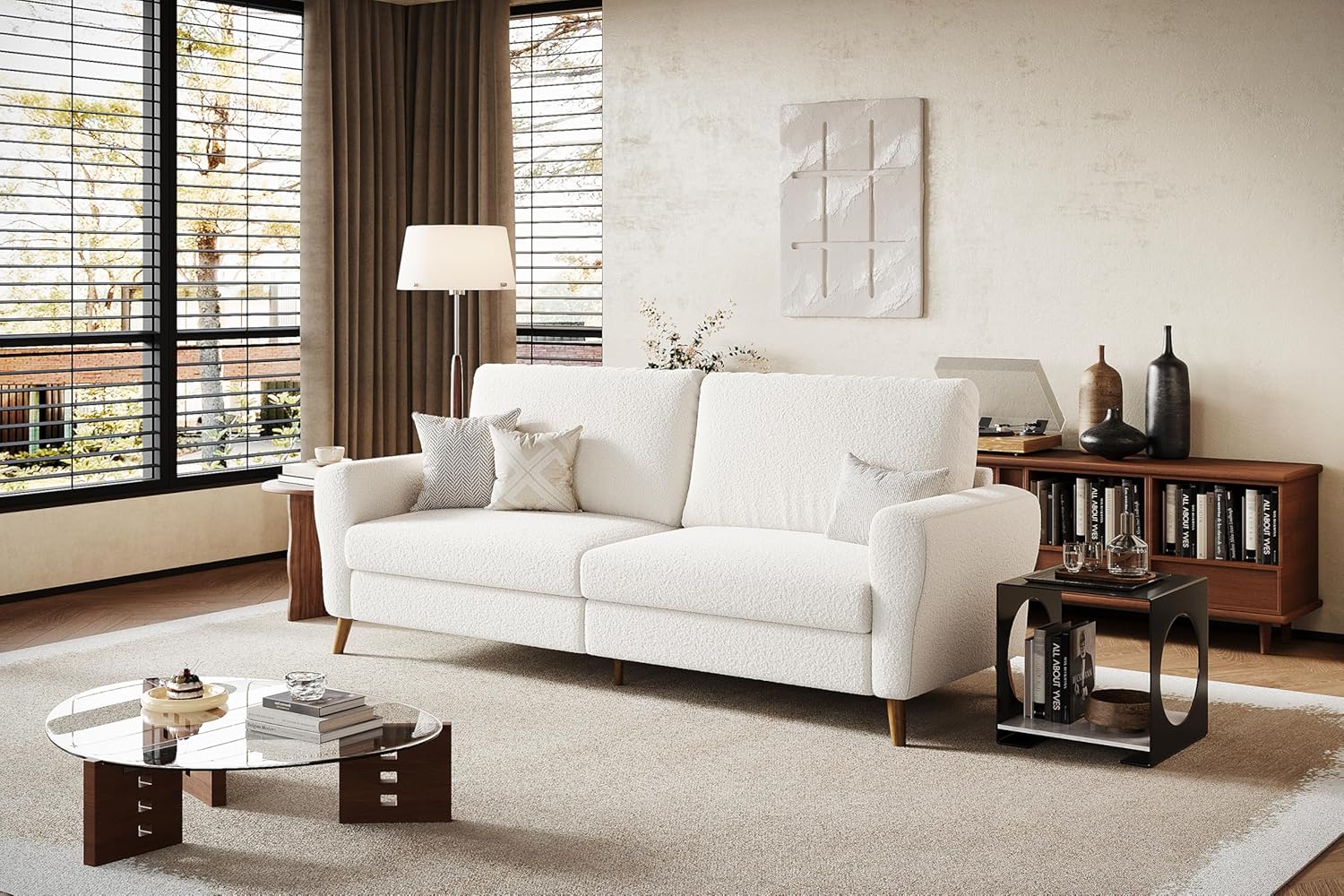 GarveeHome 84 in Sofa Couch, Large Loveseat Sofa with Wide Armrests, Deep Seats & Wood Feet, 3 Seater Modern Boucle Sofa, Comfy Couches for Living Room Bathroom Small Spaces, White