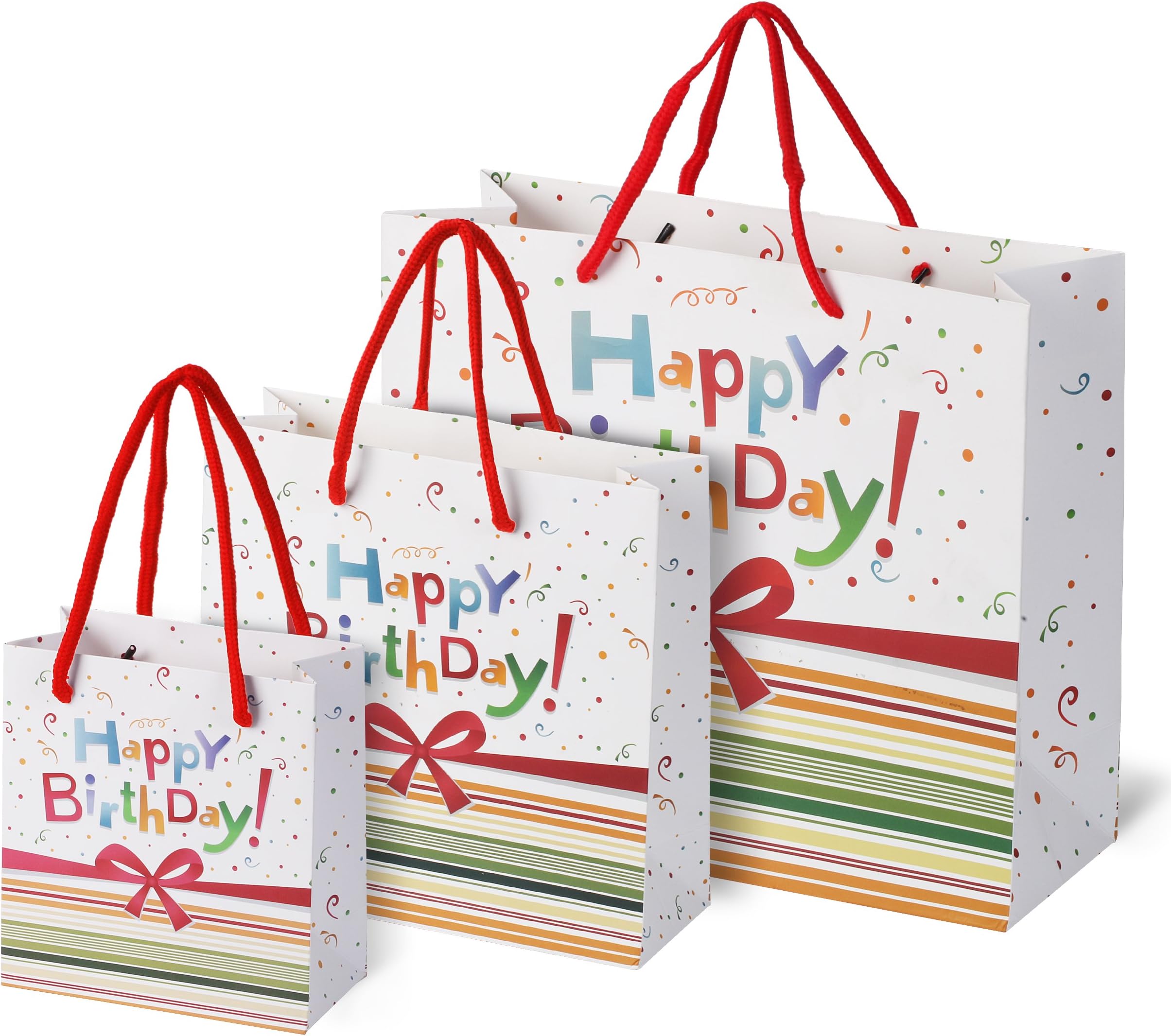 Birthday Gift Bags Rainbow Confetti Bow Design 3 Pack Small Medium Large Assortment