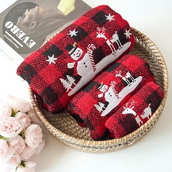 Marina Decoration Christmas Premium Luxury Decor Ultra Soft 100% Cotton Embroidered Bathroom Modern 3 Piece Towel Set, Red Black Plaid Snowman and Deer Pattern