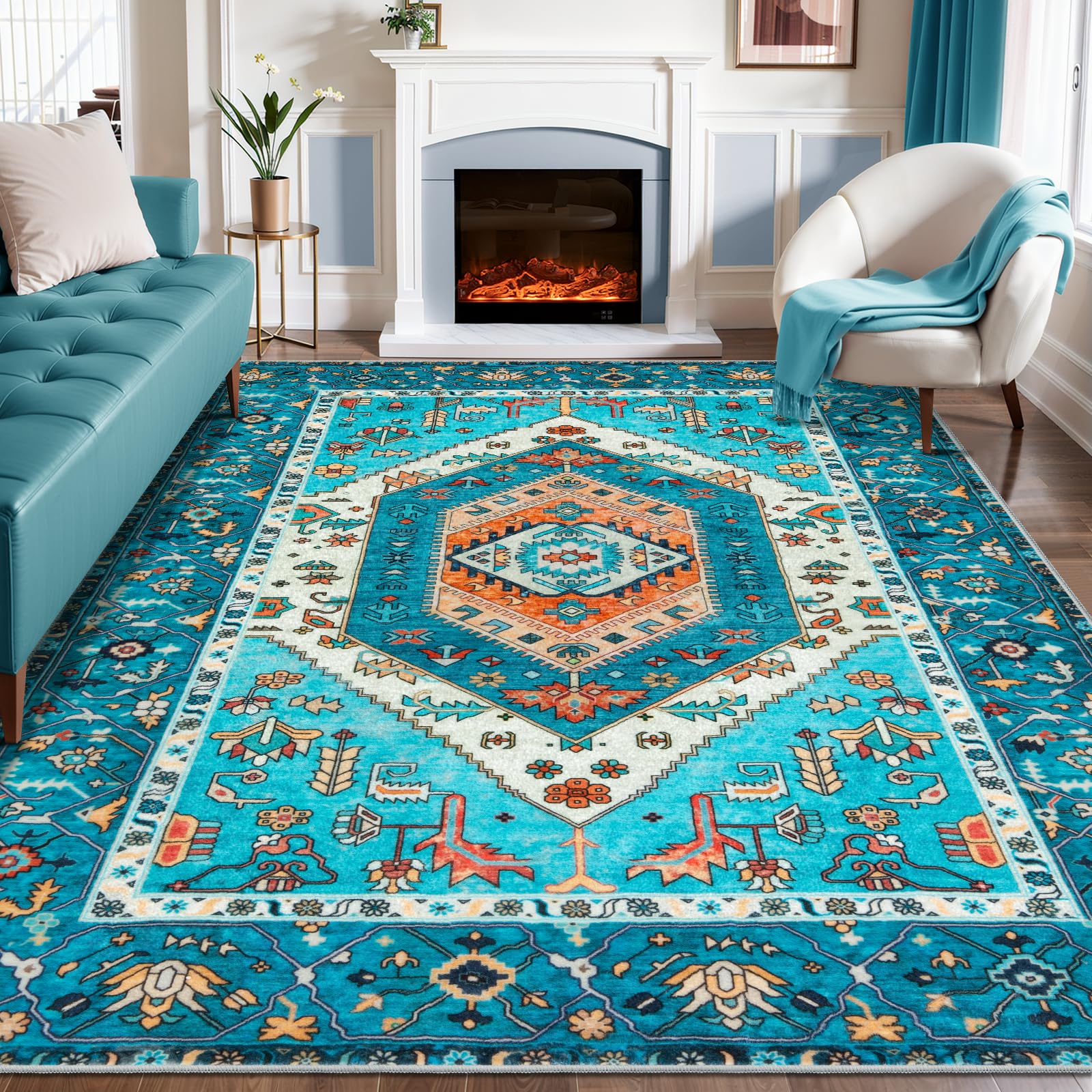 SERISSA 8x10 Area Rugs Blue, Washable Large Boho Rugs for Living Room, Ultra Soft Non-Slip Bedroom Rug Print Distressed Vintage Tribal Farmhouse Carpet Rug for Dining Room Dorm Office Home Decor