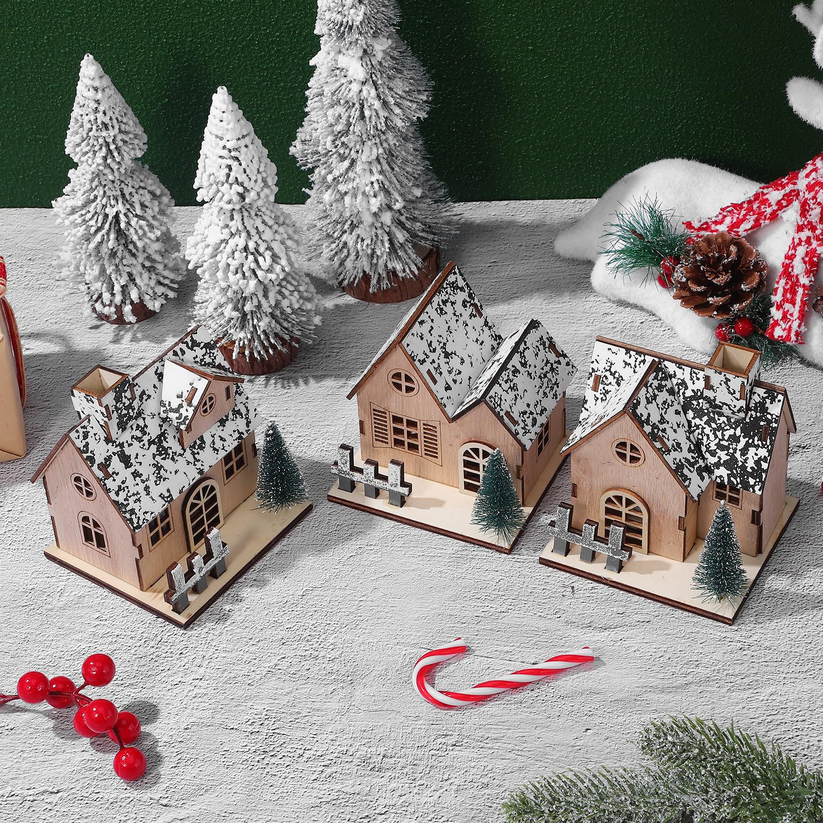 UPKOCH 3 Piezas Casas Iluminada Luces de Madera, Navideñas Led Pueblo de Decoración Rústica Festivas y Diseño Tradicional y Funcionalidad para Cenas Talleres Creativos