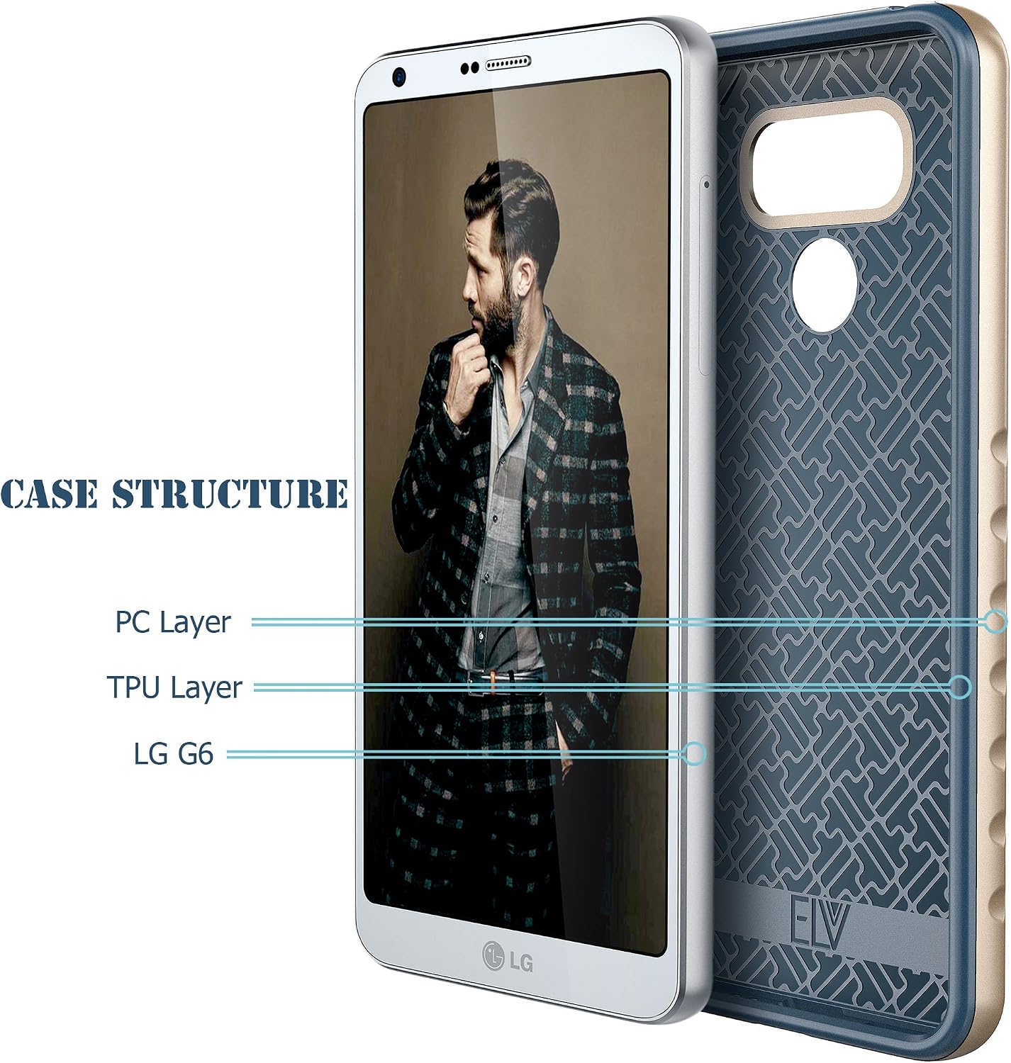 E LV Case for LG G6 - Hybrid Scratch Dust Proof Armor Defender Slim Shock-Absorption Bumper Case for LG G6 (2017) - [Dark Blue/Gold]