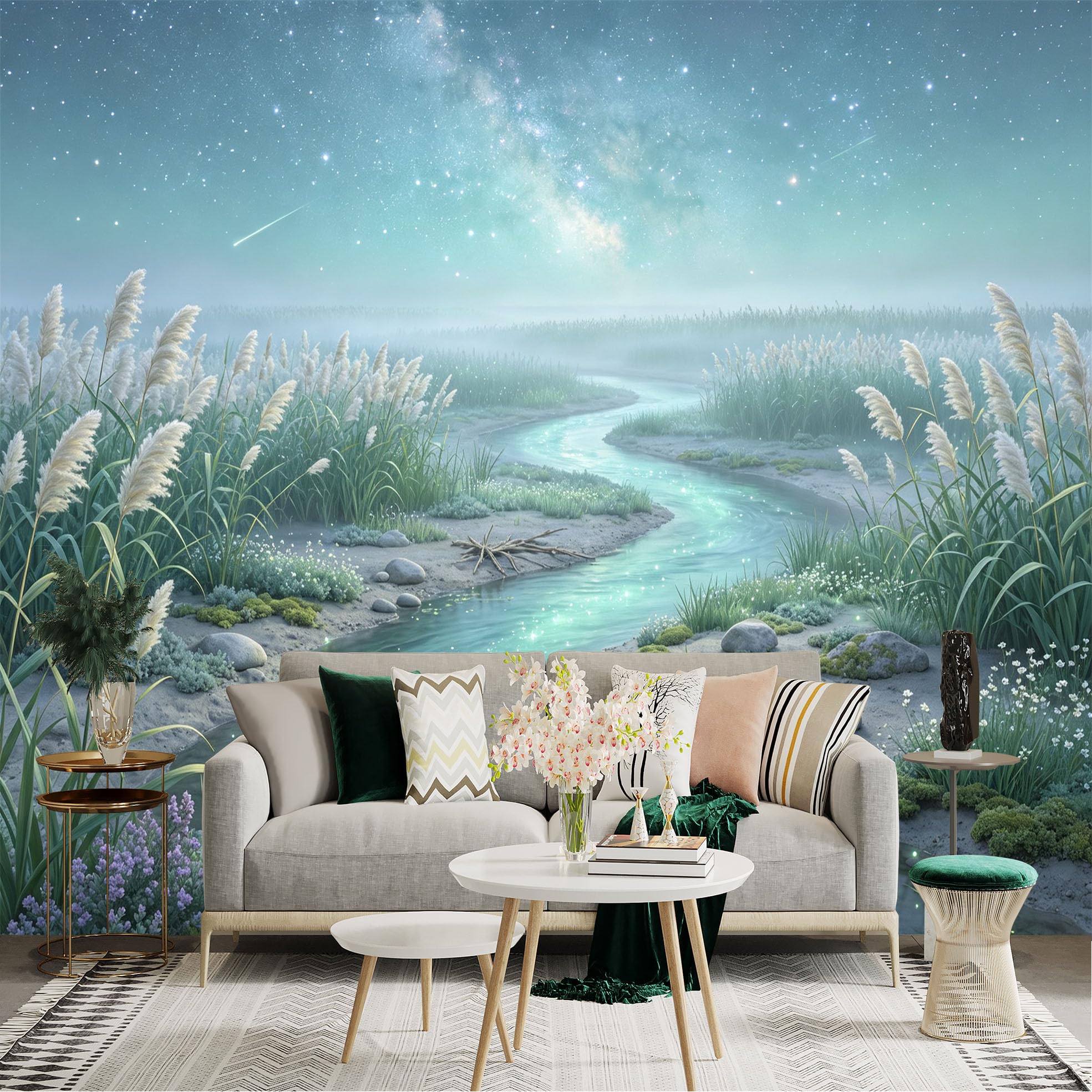 Lnzczhyre Bh260719085 Custom Size Wall Sticker Mural， Dreamy Milky Way Over Glowing River， Reeds And Stones， Serene Night Landscape， For Wall Decoration， Peelandstick Wall Decals.