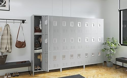 Miniatura 6 de MIIIKO Taquillas metálicas de 3 niveles de 3 anchos, 72 x 36 x 16 pulgadas con 9 compartimentos, armario grande para empleados con estantes, puertas