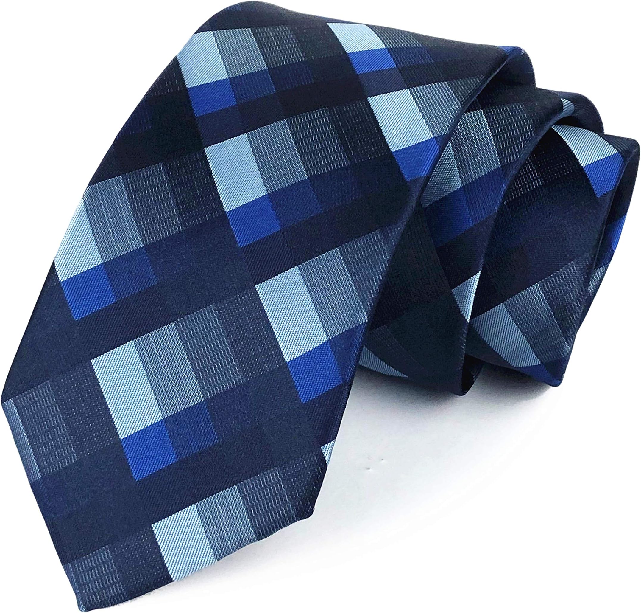 Secdtie Men's Classic Checks Dark Blue Grey Jacquard Woven Silk Tie Necktie