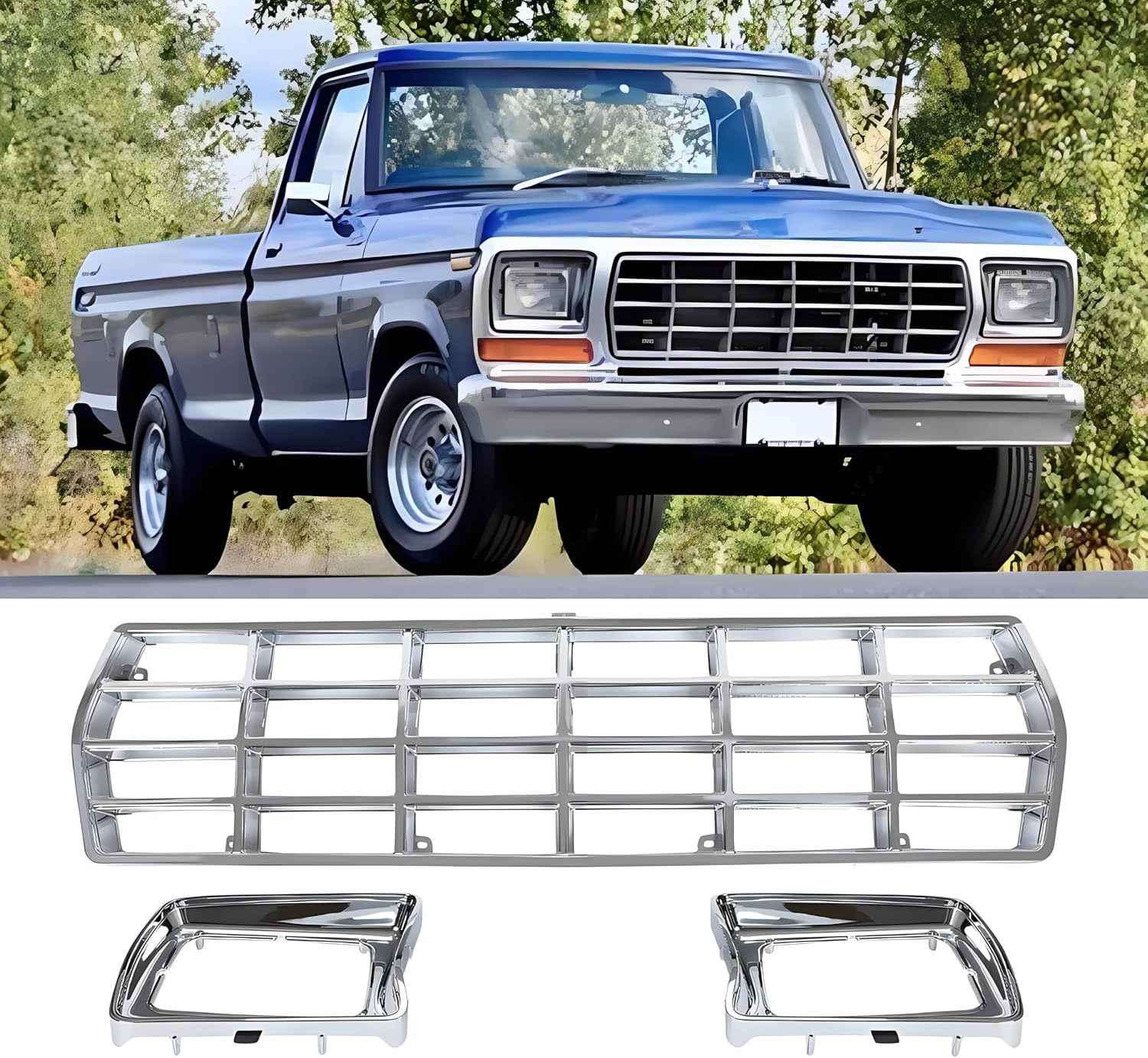 Front Upper Grille And Headlight Bezel Assembly, Chrome ABS Grill, Compatible with Ford F-100 F-150 F-250 F-350 F-450 Bronco 1978-1979 – Direct Fit For F100 F150 F250 F350 F450 Bronco