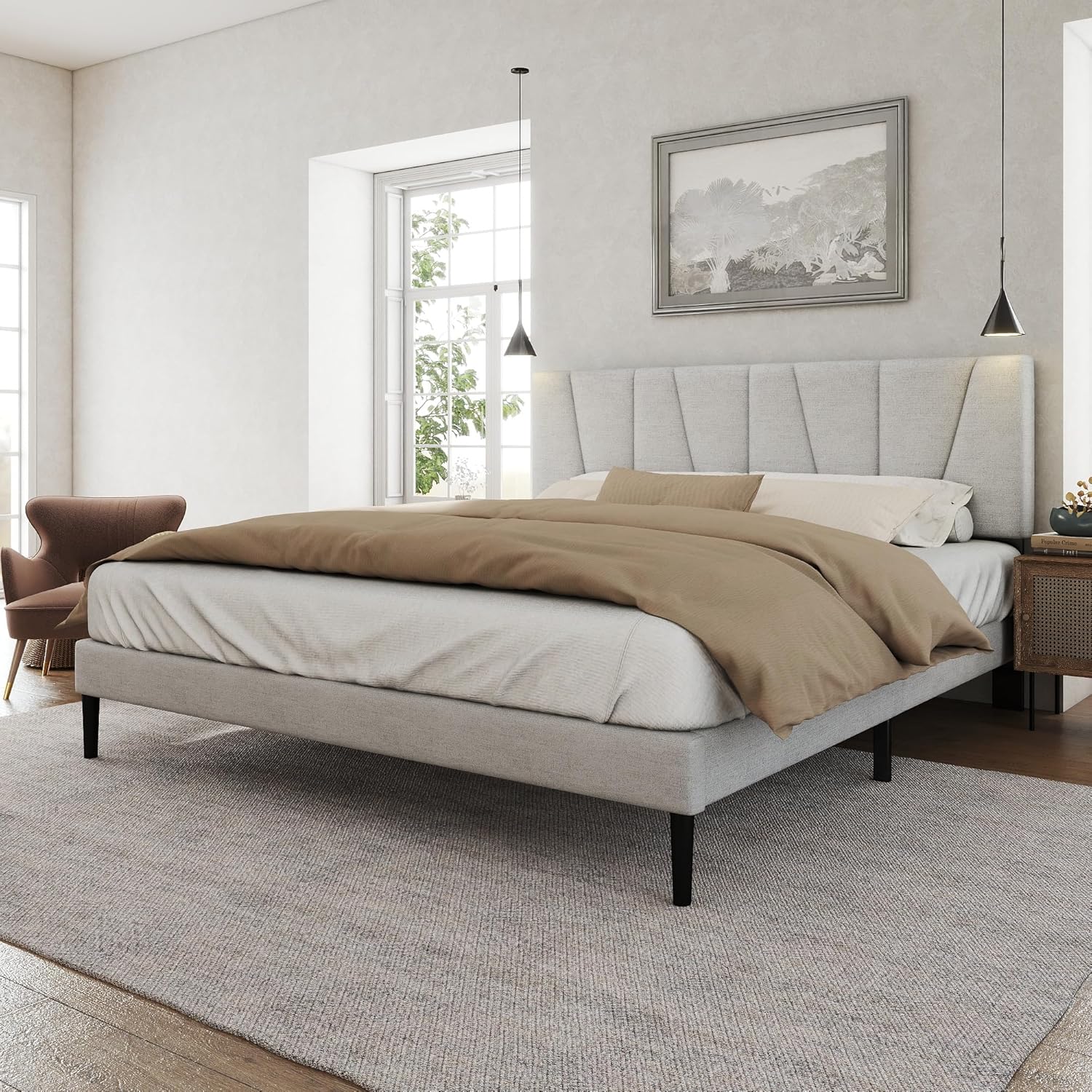 Queen Size Bed Frame with Fabric Upholstered Headboard, Platform Bed with Wooden Slats Support, Fully Mattress Foundation, Box Spring Optional, Easy Assembly, Light Grey