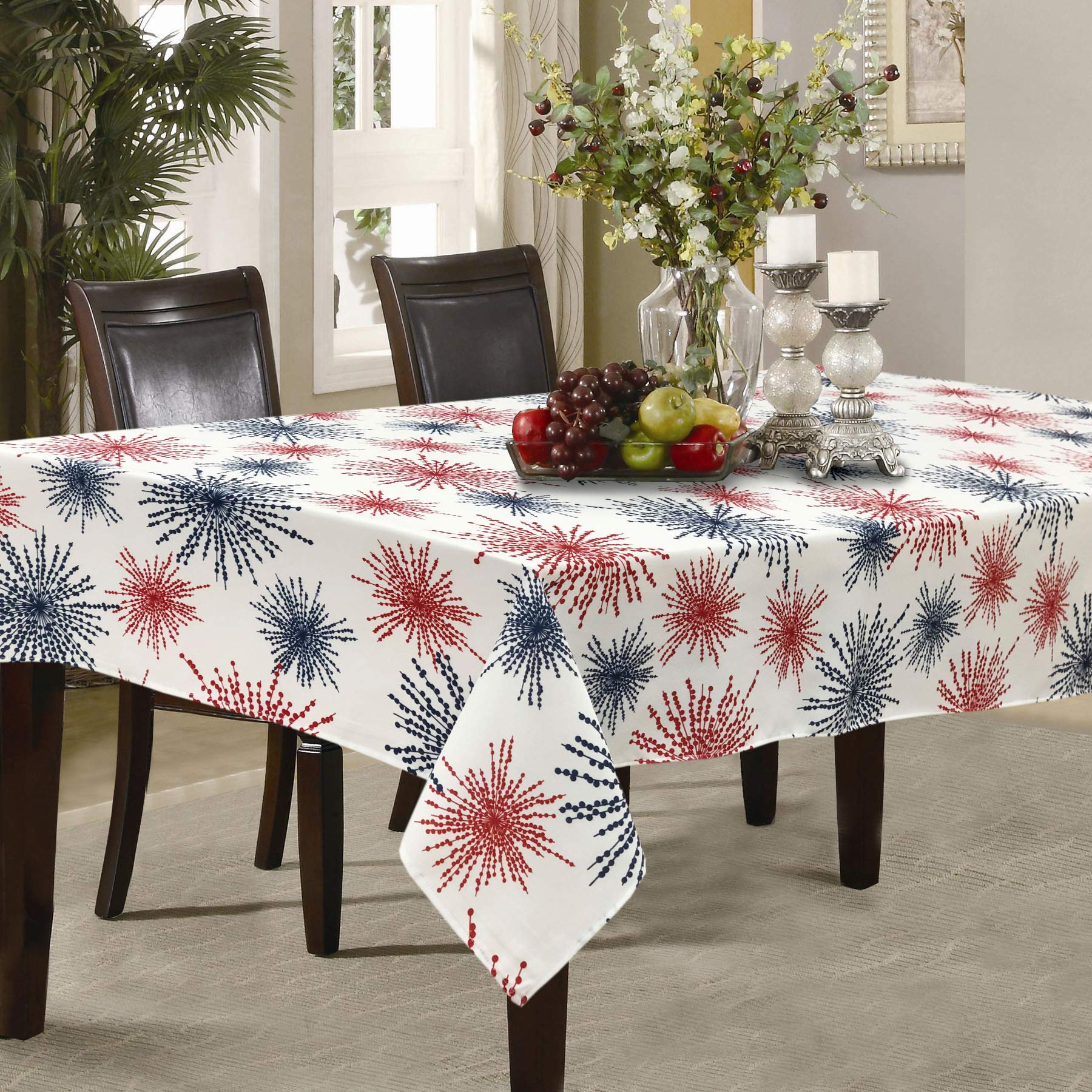 CAIT CHAPMAN HOME COLLECTION Red White Blue Celebration Fireworks Easy-Care Fabric Tablecloth (60