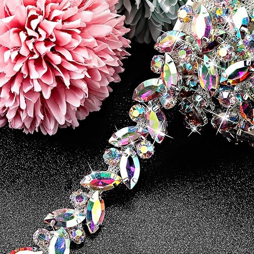 BBTO Adorno de cadena de diamantes de imitación, adorno de cristal para novia, disfraz de hoja de flor, cadena de costura, manualidades para joyería