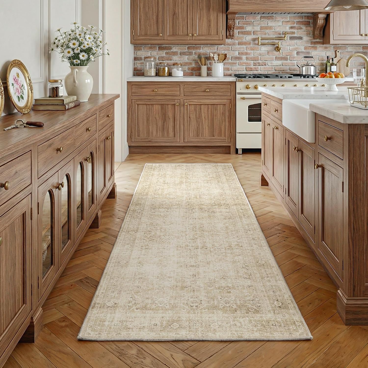 FMFUNCTEX 2x6 Hallway Runner Rug Beige Neutral Vintage Washable Distressed Non Slip Low Pile Oriental Indoor Carpet Soft Retro Entryway Rug for Kitchen Laundry Entrance Entry Living Room Bedroom