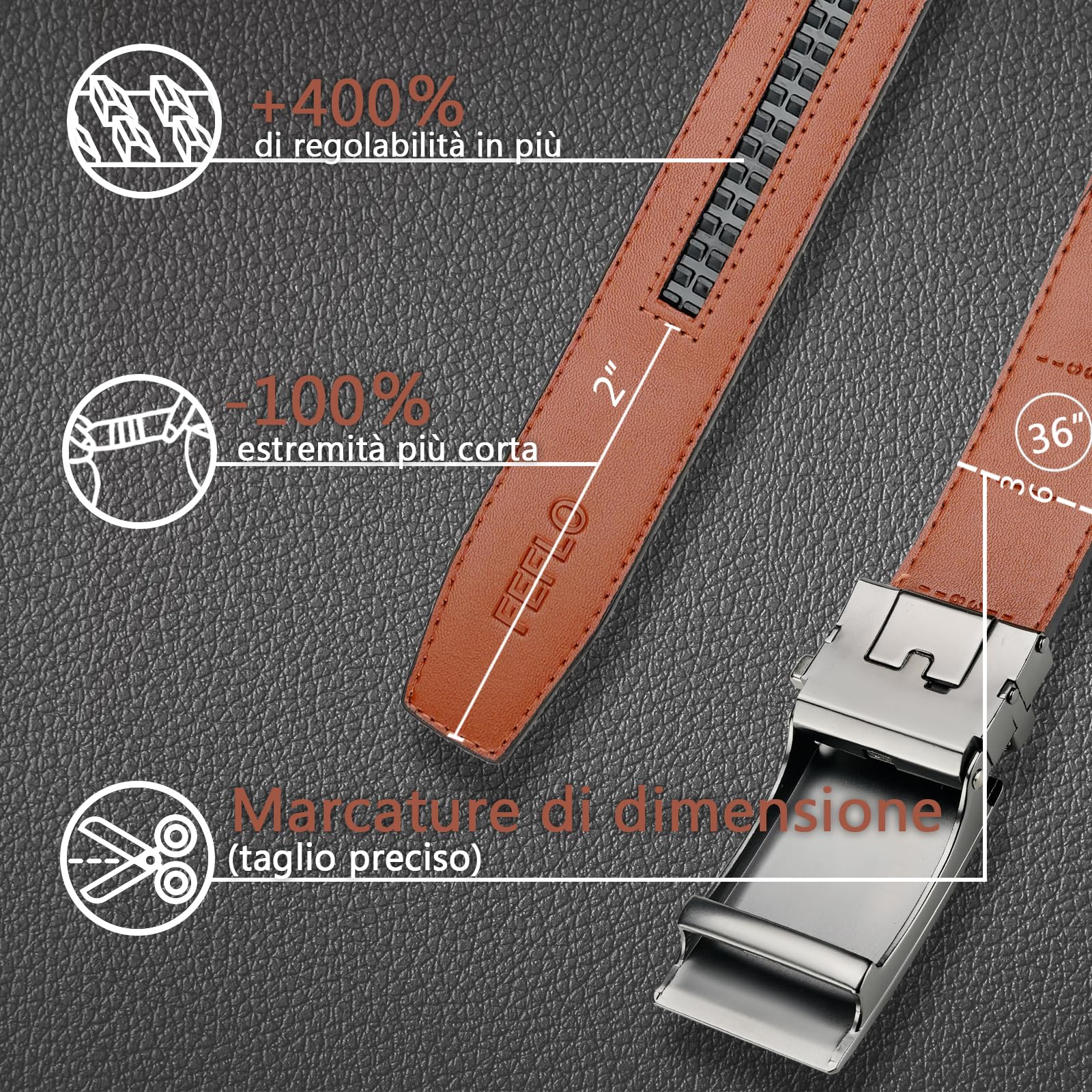FEFLO Cintura Uomo, Cintura Pelle con Fibbia Automatica cricchétto, Larghezza 35 mm,Taglia Regolata, Adatto per abbigliamento da lavoro e casual