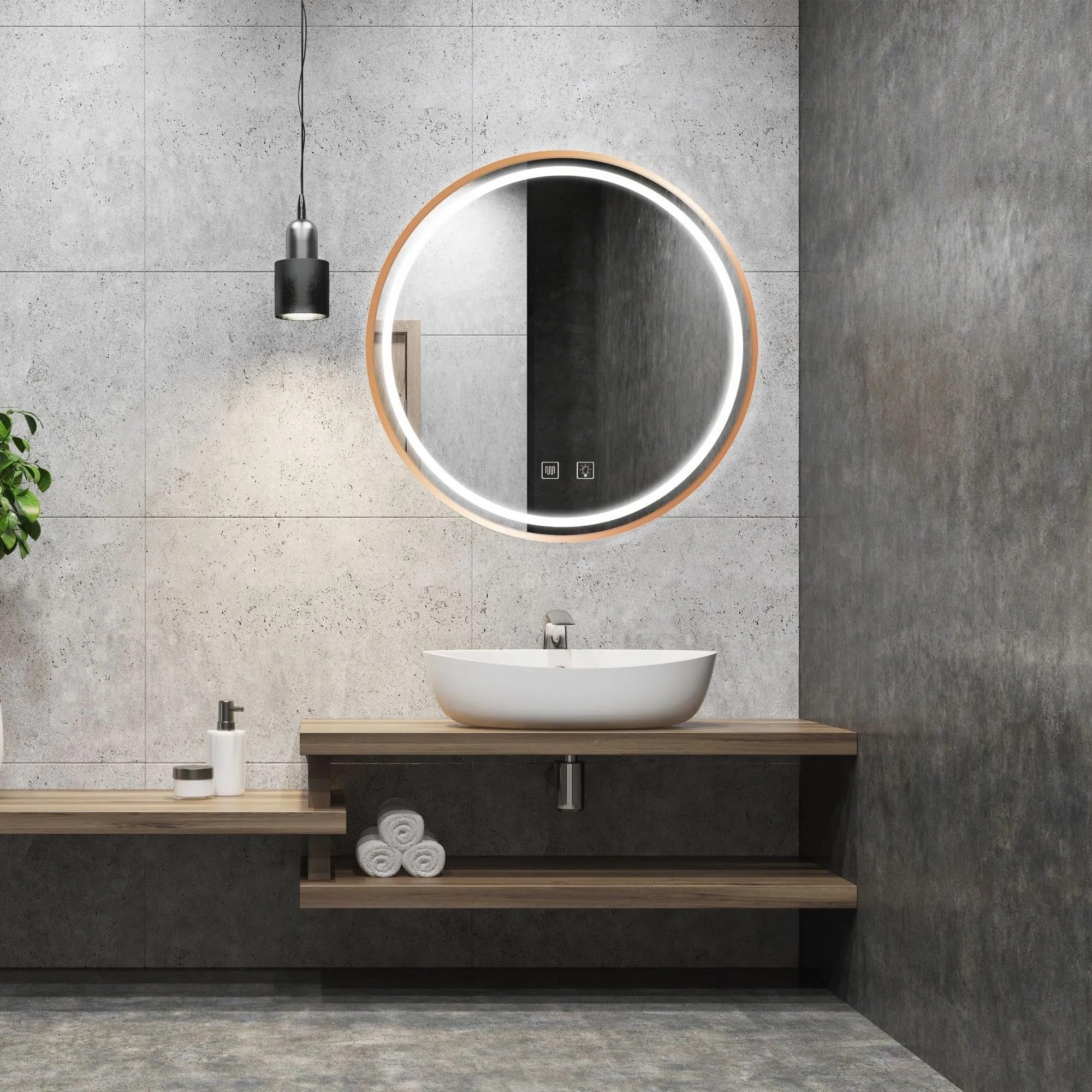 Rea - Lustro Ścienne Łazienkowe Led P11397 Mmj 80cm, Szkło, Miedziany Szczotkowany Okrągłe 2X80X80cm