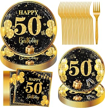 JESTAR 50th Birthday Decorations for Women Men, 96PCS Black Gold Tableware, Cheers to 50 Years Birthday Party, Vintage 1974, Includes Plates, Napkins, Forks