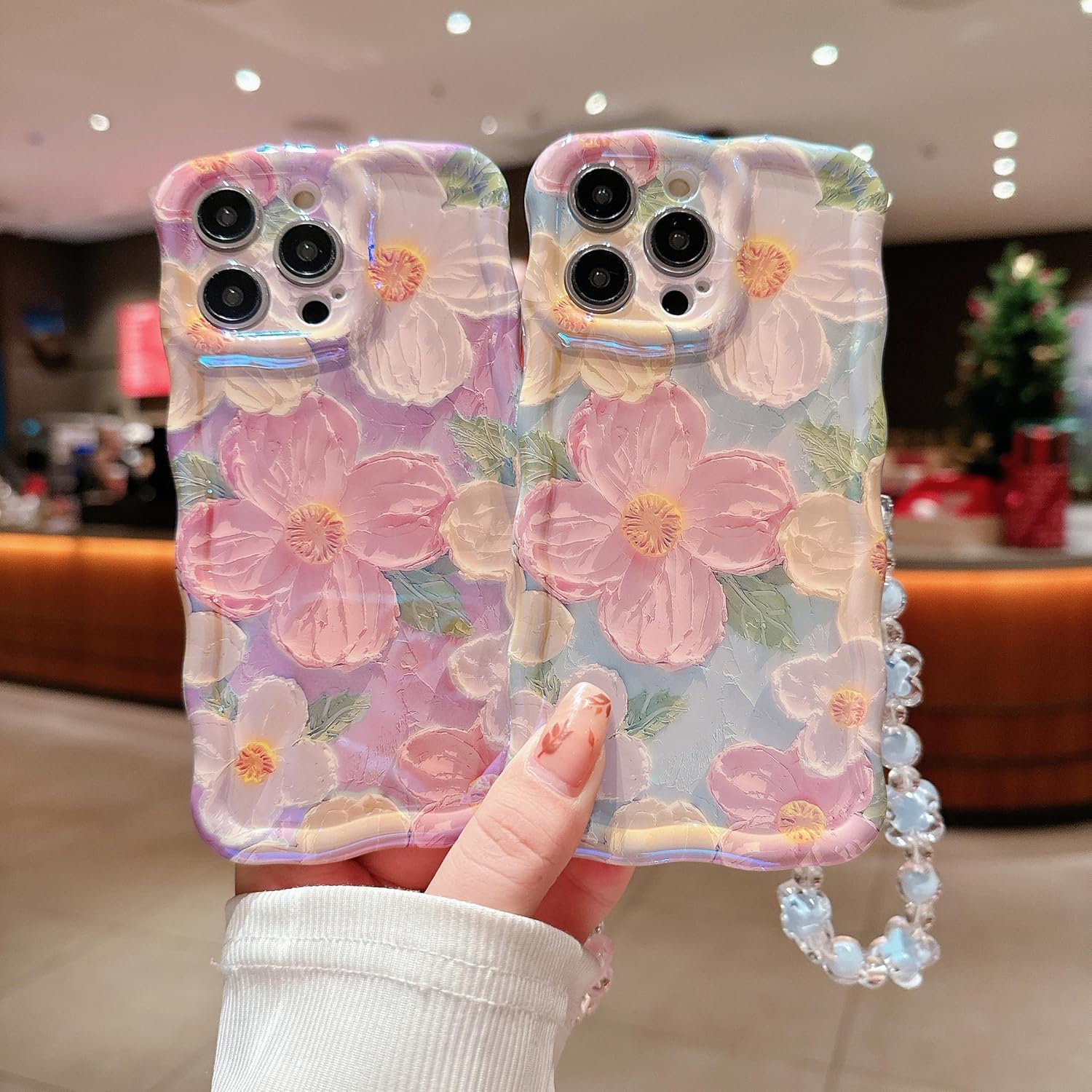 for iPhone 16 Pro Max Wavy Case, [Curly Protection Frame][Vintage Glossy Oil Painting Floral Print] with Lovely Bead Chain for Grils and Women (Pink) - Image 2