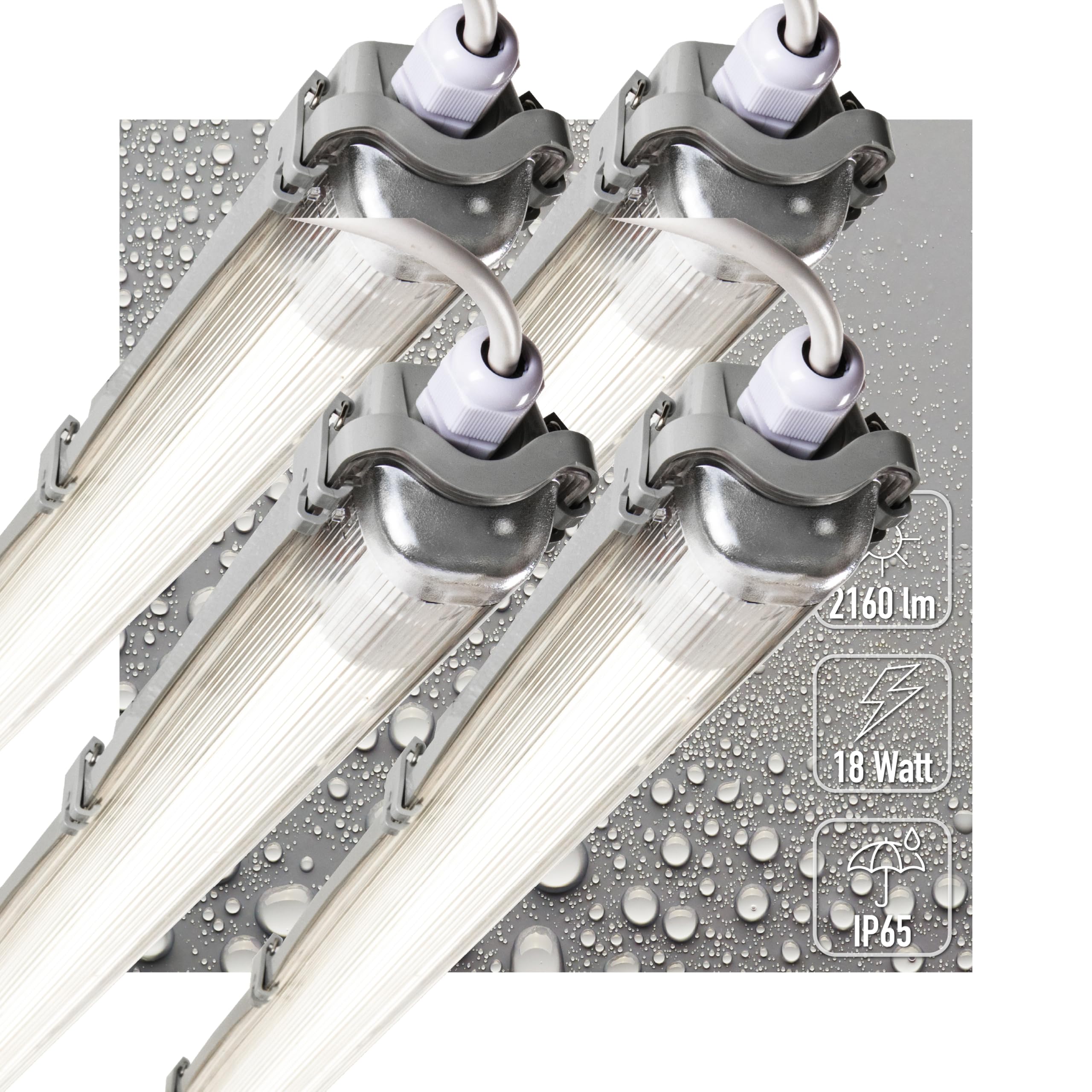 LED Feuchtraumleuchte 120cm IP65 mit 2x 18W Leuchtstoffröhre – neutralweiß 3.600 Lumen – Klappdeckel, Steckklemme, Kabeleinführung NYM-J 3x2,5mm² – 4er Sparset – Feuchtraumleuchte LED 120cm