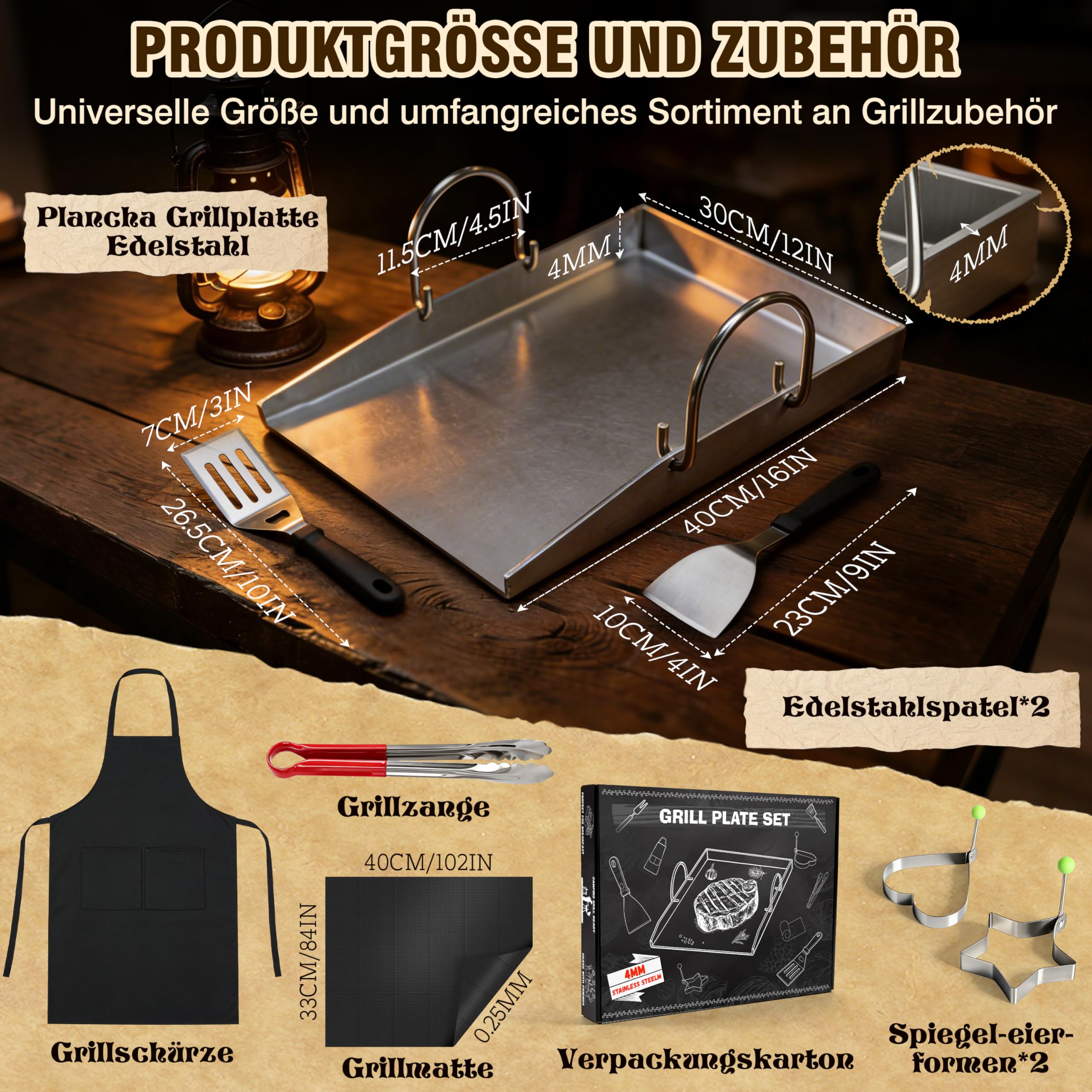 JONRRYIN Plancha Grillplatte Edelstahl [40 x 30cm], 4mm Massive Grillplatte Edelstahl mit Abnehmbarem Griff, Verzugsfreier Plancha Gasgrill mit Grillspachtel Set, Grillmatte für Gas- & Kohlegrill