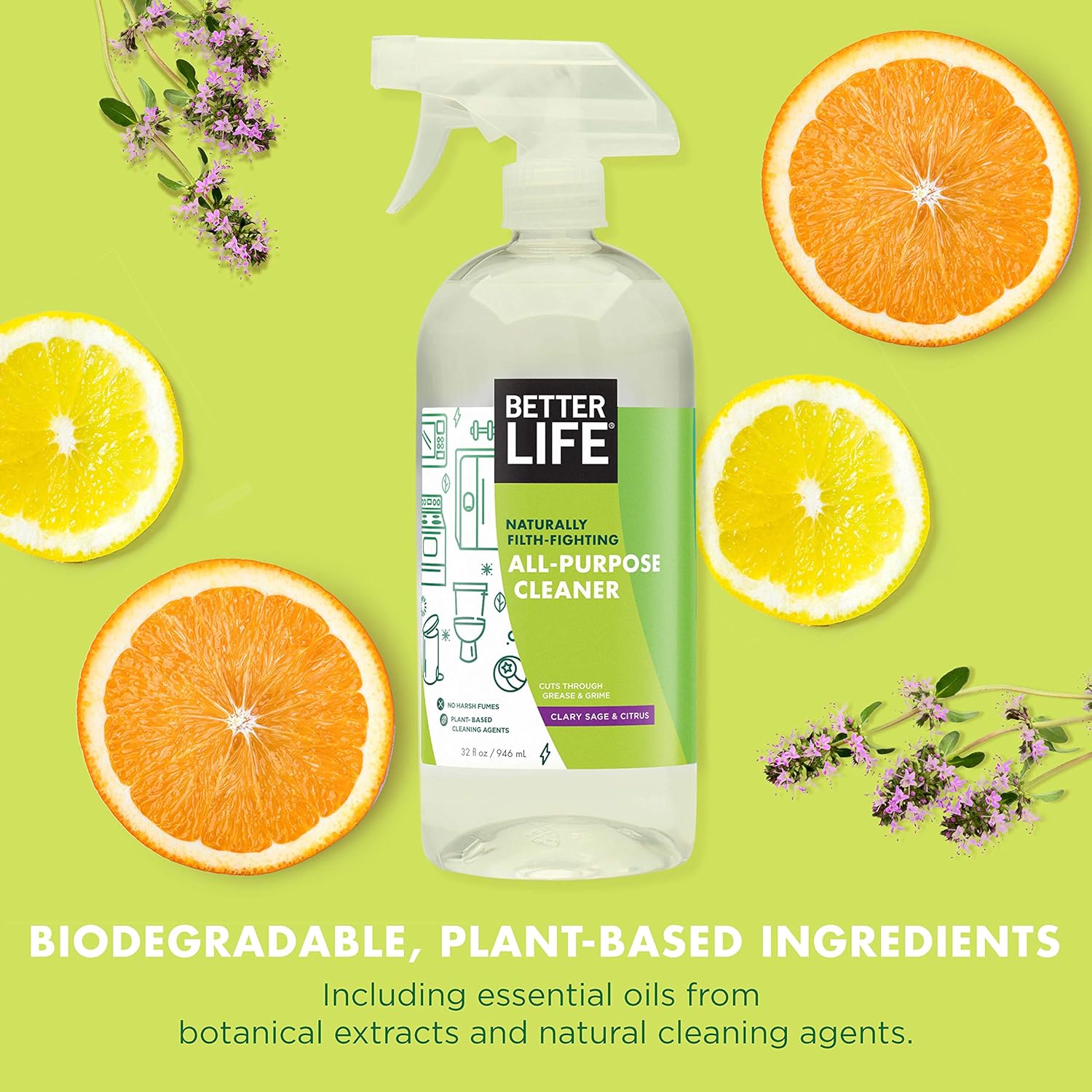 Better Life Natural All-Purpose Cleaner, Safe Around Kids & Pets, Clary Sage & Citrus, 32 Fl Oz (Pack of 2) : Everything Else