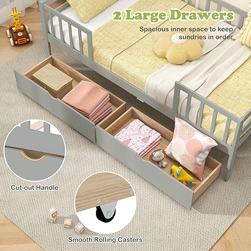 Miniatura 6 de Giantex Cama individual para niños con cajones de almacenamiento, cama Montessori de madera con rieles y estante lateral, sofá cama baja para niños