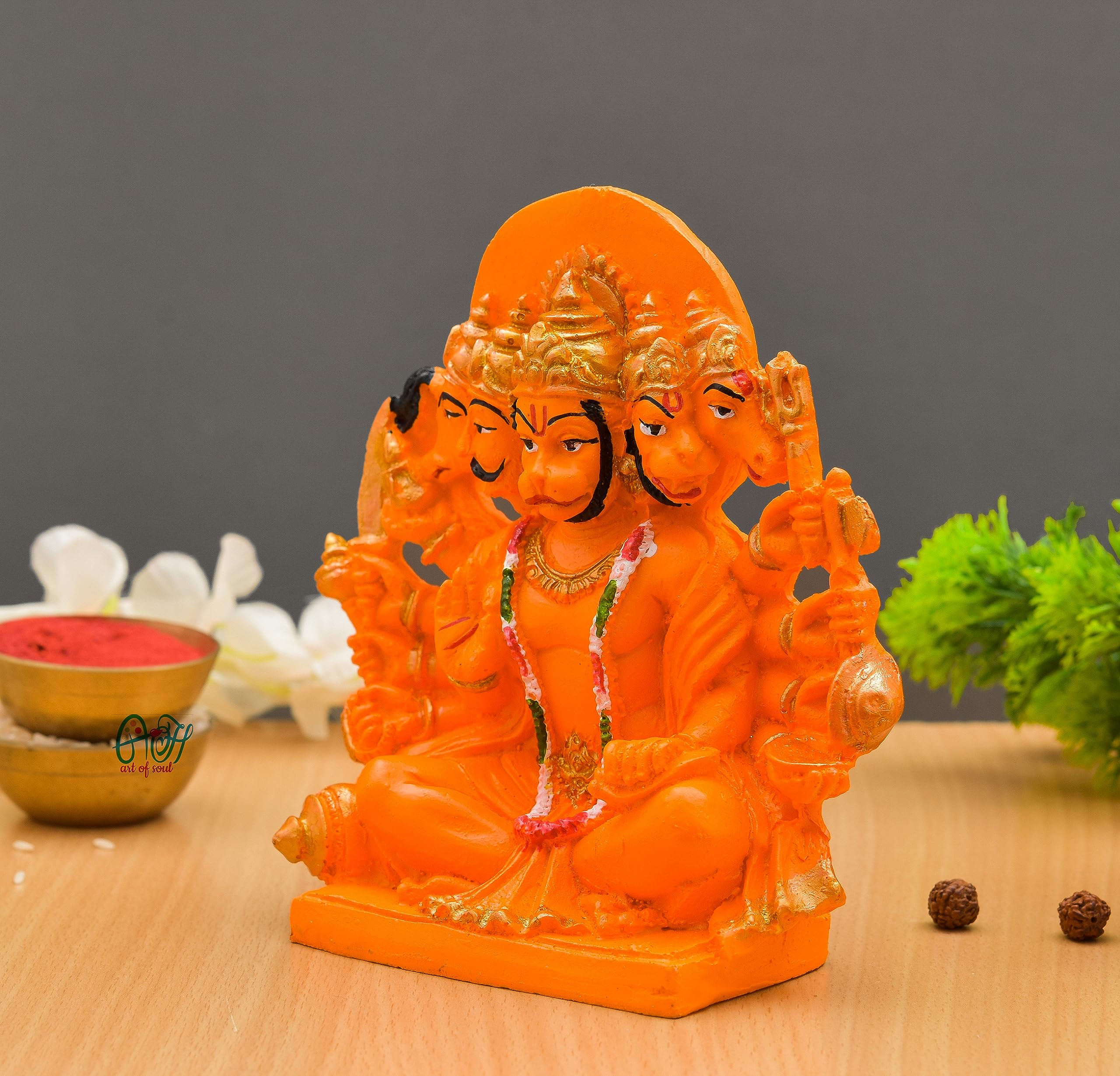 Archna Handicraft Polyresin Panchmukhi Hanuman Ji Murti Statue For Pooja Figurines Sculpture Bajrang Bali Idol (6 X 4.5 Inches, 450 Gram, Fantasy, Orange) - Image 2 thumbnail