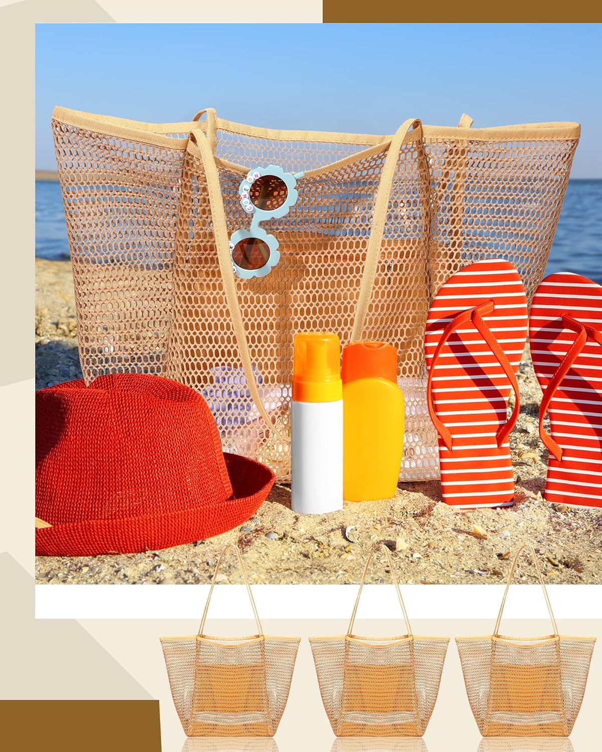 Cunno 6 Pieces Mesh Beach Tote Bag for Women Summer Waterproof Sandproof Shoulder Bag for Travel Vacation Shopping Picnic