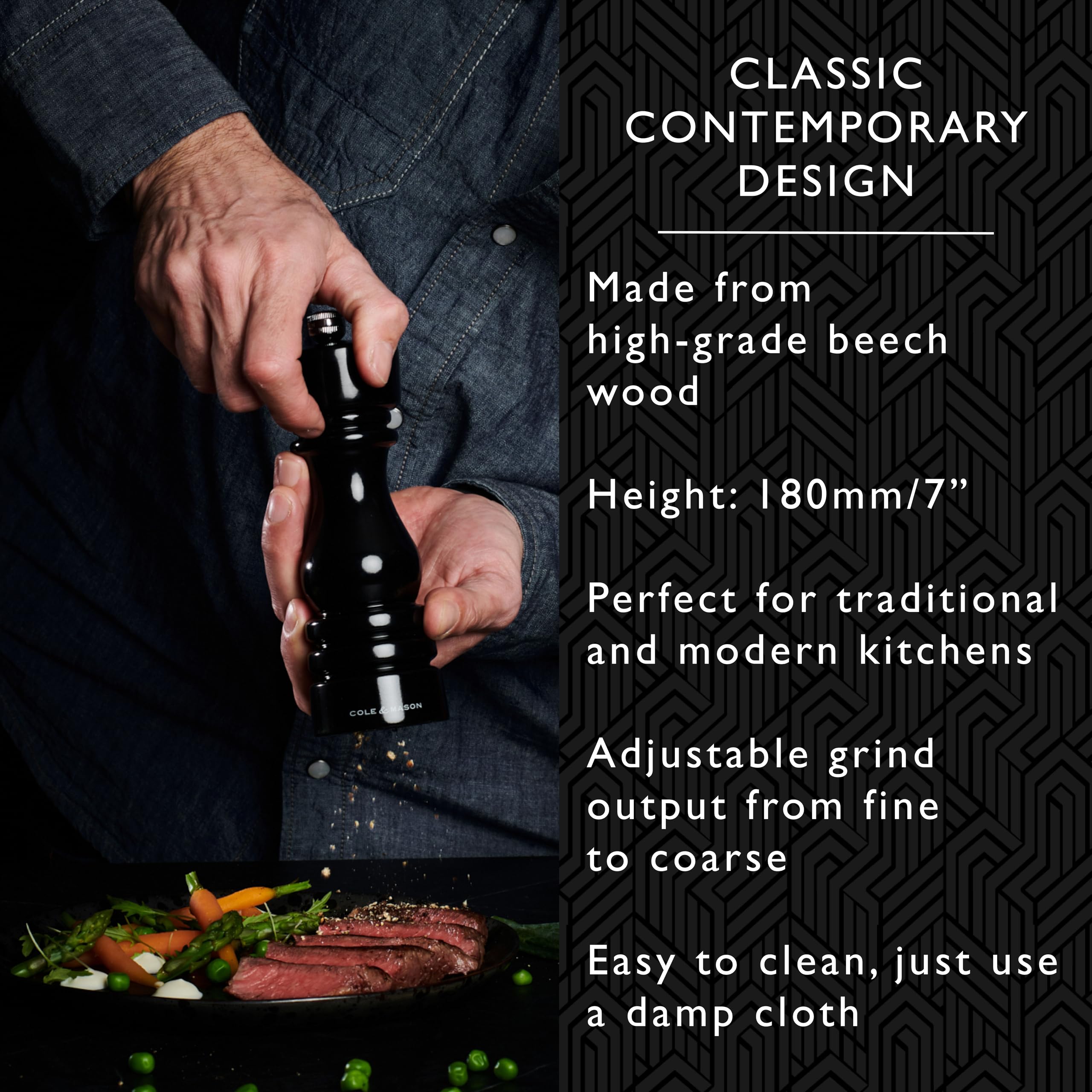 Cole & Mason London Black Gloss Salt Mill, 18cm Salt Grinder with Adjustable Grind, Non Corroding Ceramic Mechanism - Image 3