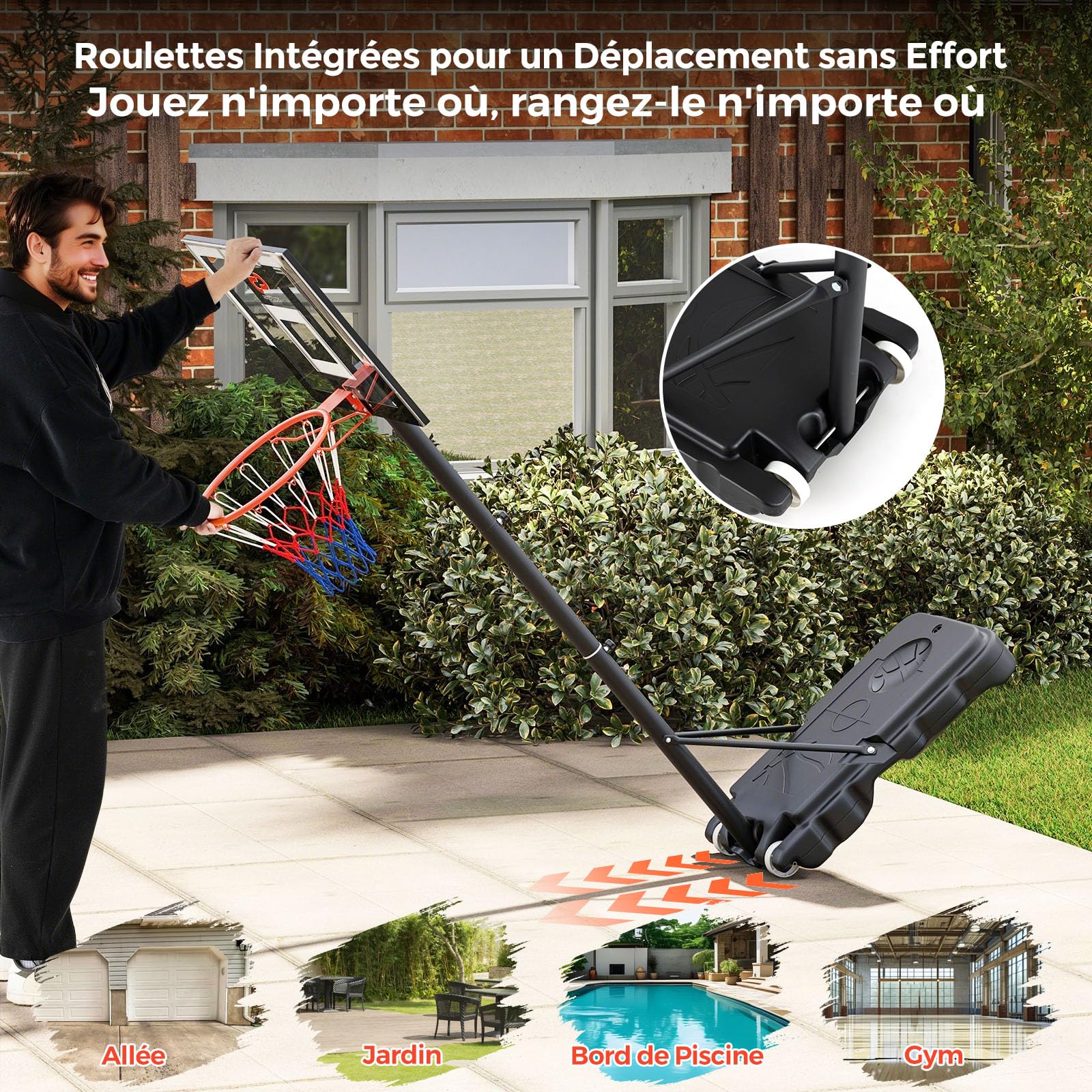 GOPLUS Panier de Basket Extérieur pour Enfants, Hauteur Réglable 100-212CM, Panier de Basket Mobile avec 2 Roues, Panneau Incassable, Base Amovible pour Cour ou Intérieur