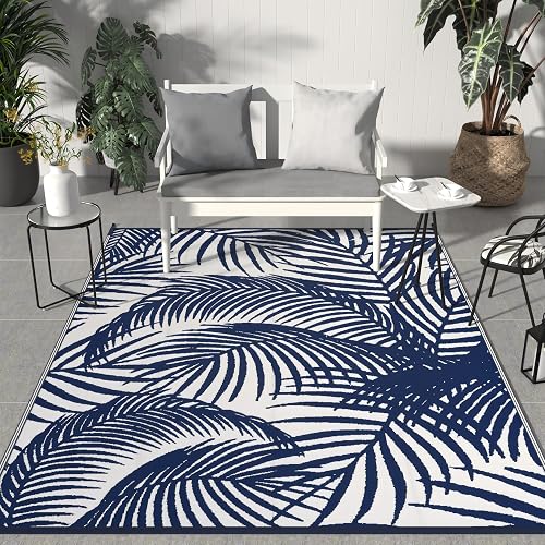 GENIMO Outdoor Rug 6' x 9' Waterproof for Patio Clearance, Reversible Plastic Straw Camping Carpet, Lightweight Mats for Rv, Backyard, Deck, Porch, Picnic, Beach, Balcony, Blue & White