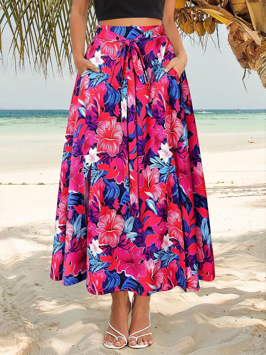 Ezcosplay Women Maxi Hawaiian Floral Slit Skirt High Elastic Waisted Split Thigh Long Skirts with Pockets - Image 2