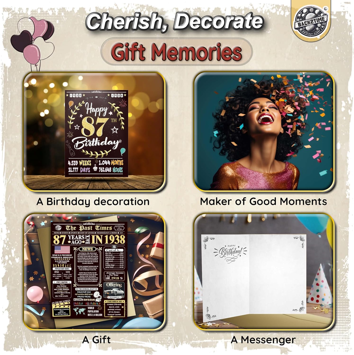 88th Birthday Card for Women Men - Back In 1938 Black & Gold - 88 Happy BIRTHDAY card - 88th birthday gift for Her Him - JUMBO size - 88th birthday decorations Dad Mom - Best gifts for 88 year old - Image 3