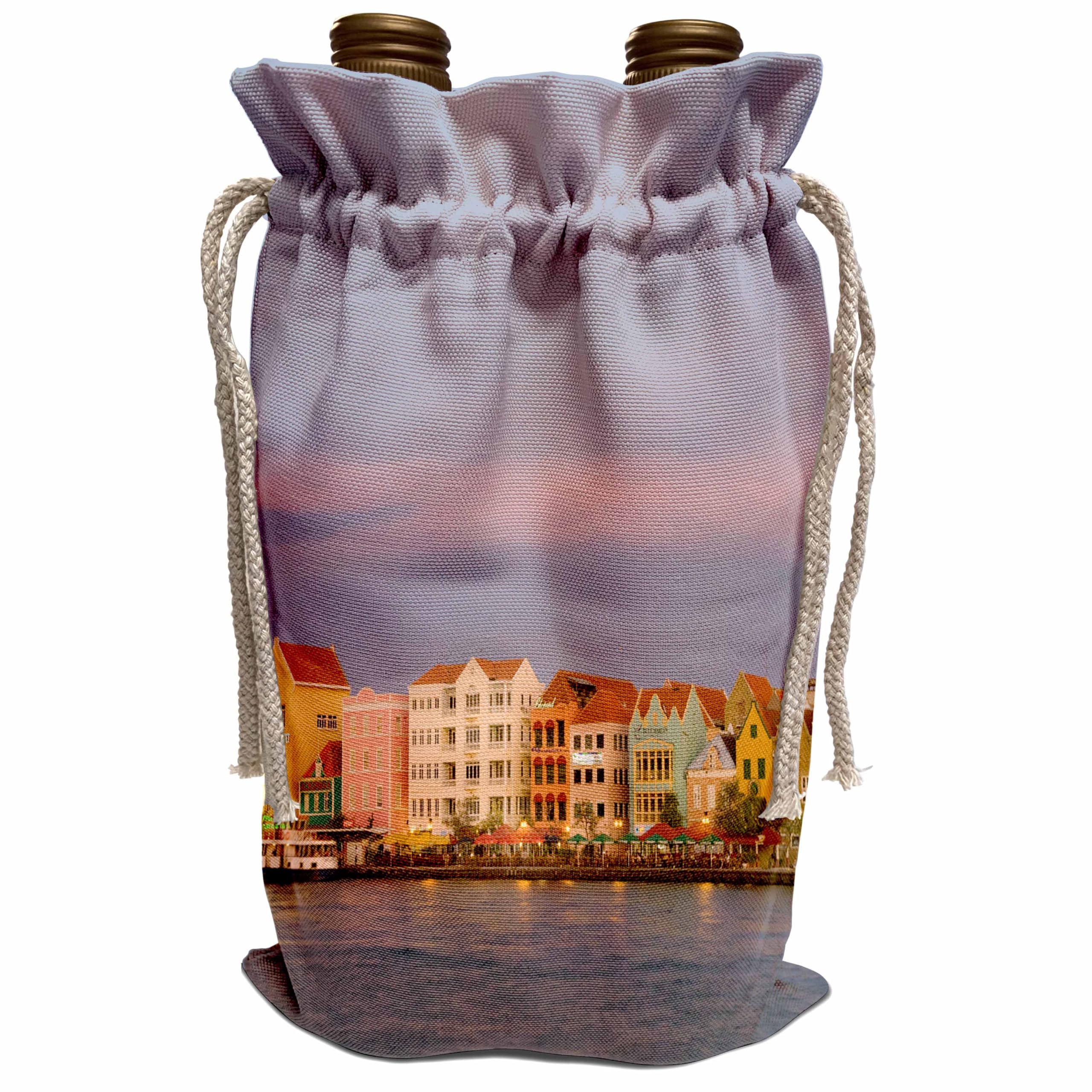 Bolsas de vino de tela decoradas con paisajes de Curazao y arquitectura del Caribe