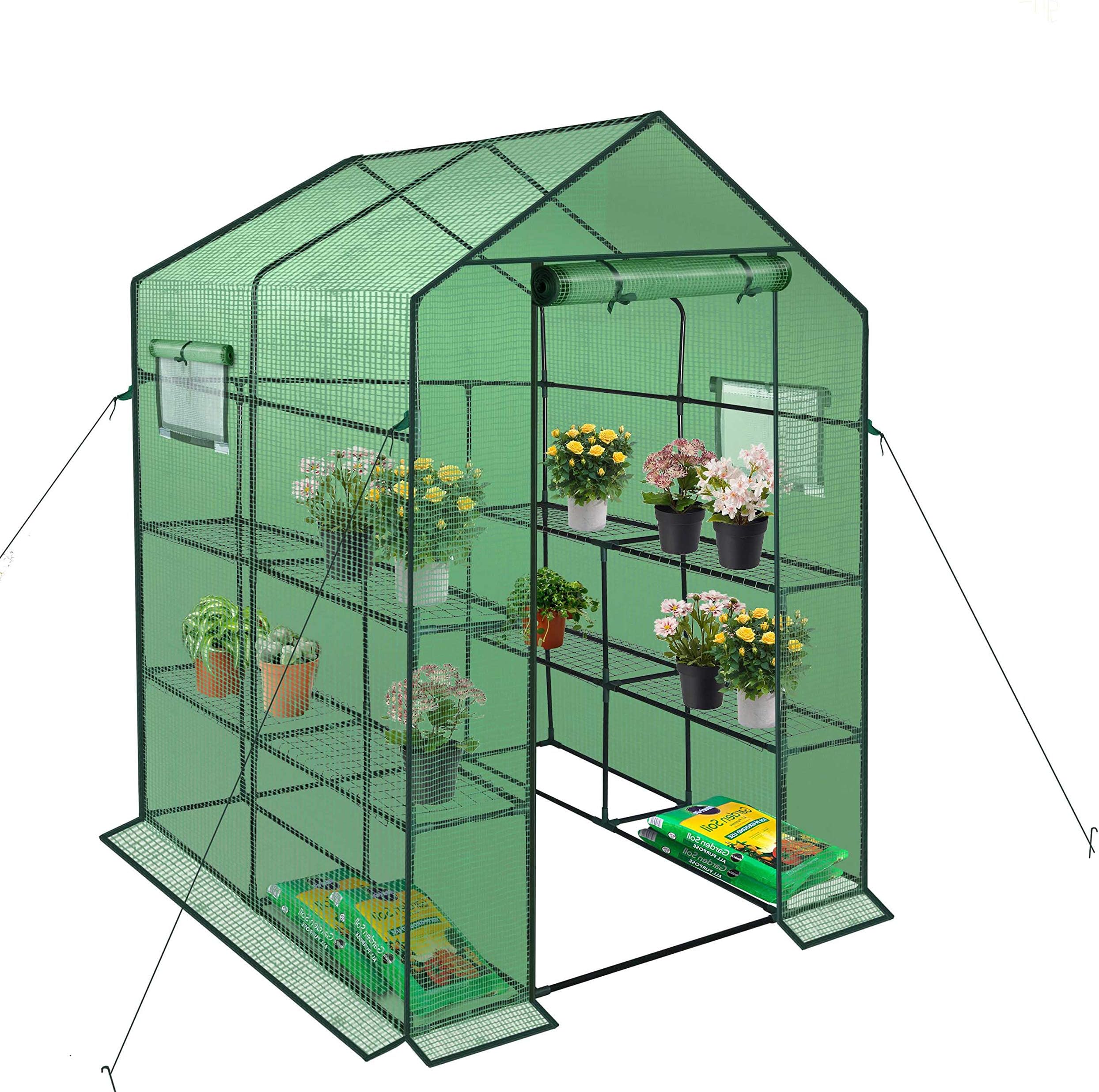 ENSTVER Polyethylene Reinforced Walk-in Greenhouse with Window,Plant Gardening Green House 2 Tiers and 8 Shelves,L56.5 x W56.5 x H76.5