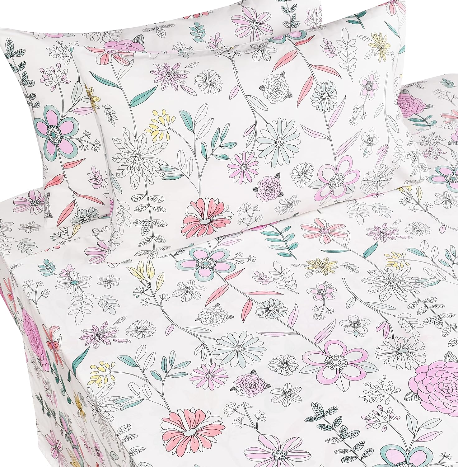 J-pinno Painting Flower Plant Cute Cozy Fun Full Sheet Set for Kids Girls Children 100% Cotton Flat Sheet + Fitted Sheet + Pillowcase Bedding Set (Flower, Full) - Image 2