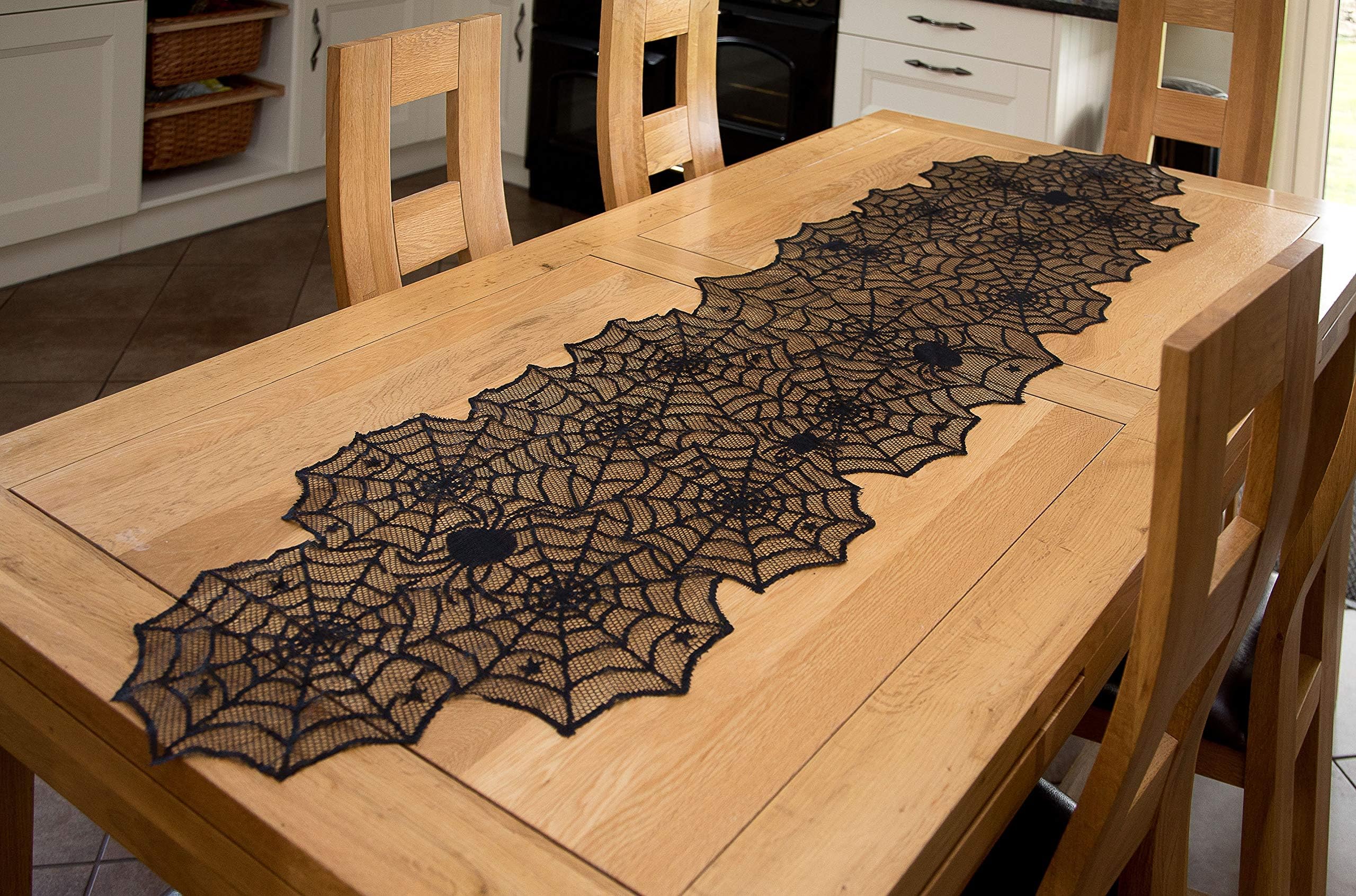 homekit Halloween Spider Web Black Lace Tablecloth Runner Party Decoration – 183cm x 45cm (72” x 18”) Premium Cobweb Effect Table Runner Prop
