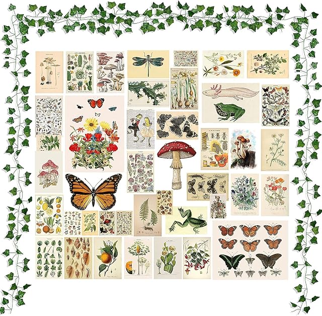 BeYumi 45Pcs Vintage Botanical Wall Collage Aesthetic with Fake Vines Small Poster Photo Dorm Trendy Cottagecore Wall Art Print Colorful Pictures Collage Retro Room Bedroom Decor for Teens Boys Girls