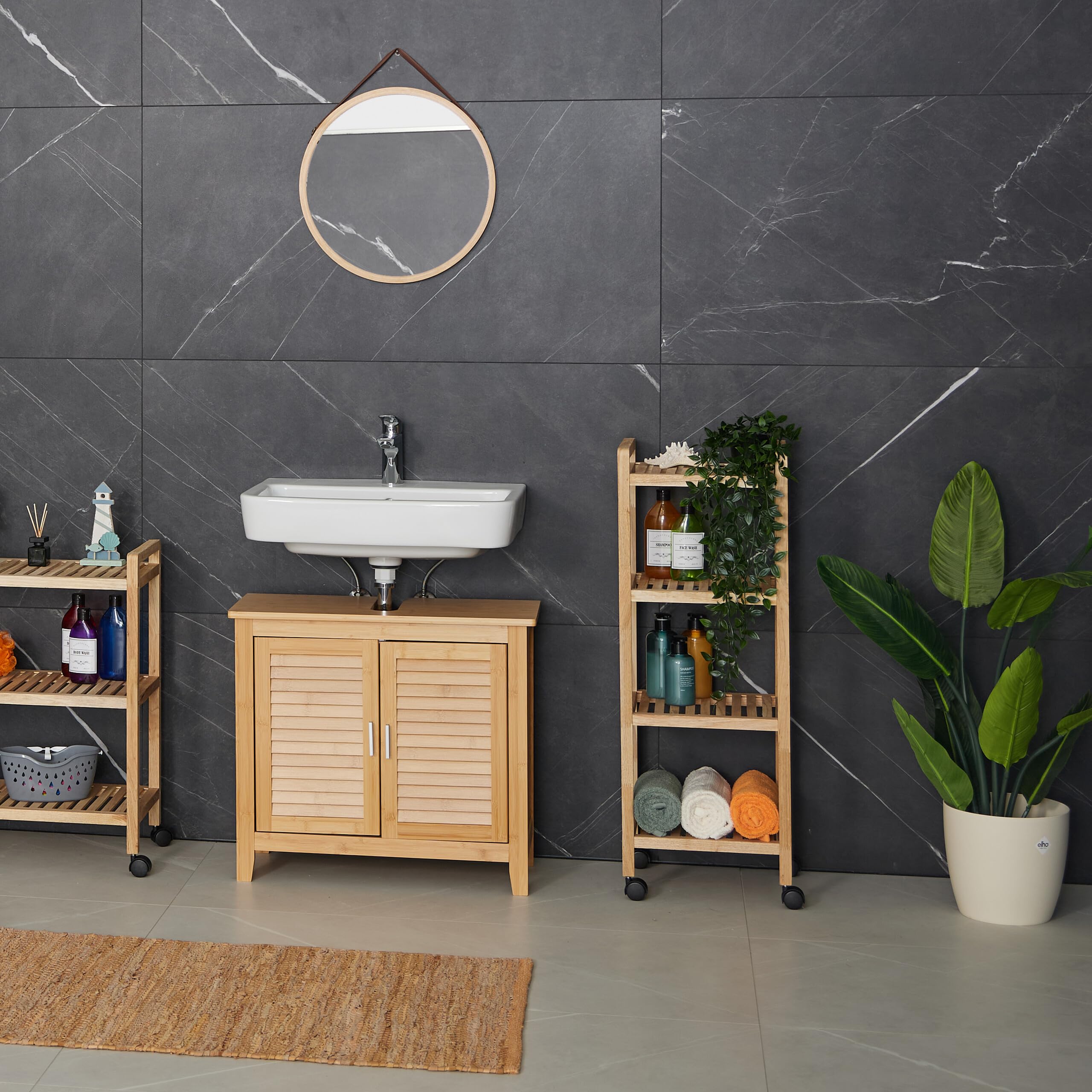 Relaxdays Mobile da Bagno con 4 Ripiani, Mobiletto su Ruote, Scaffale in Legno da Cucina, 97x35x31 cm, Marrone Chiaro